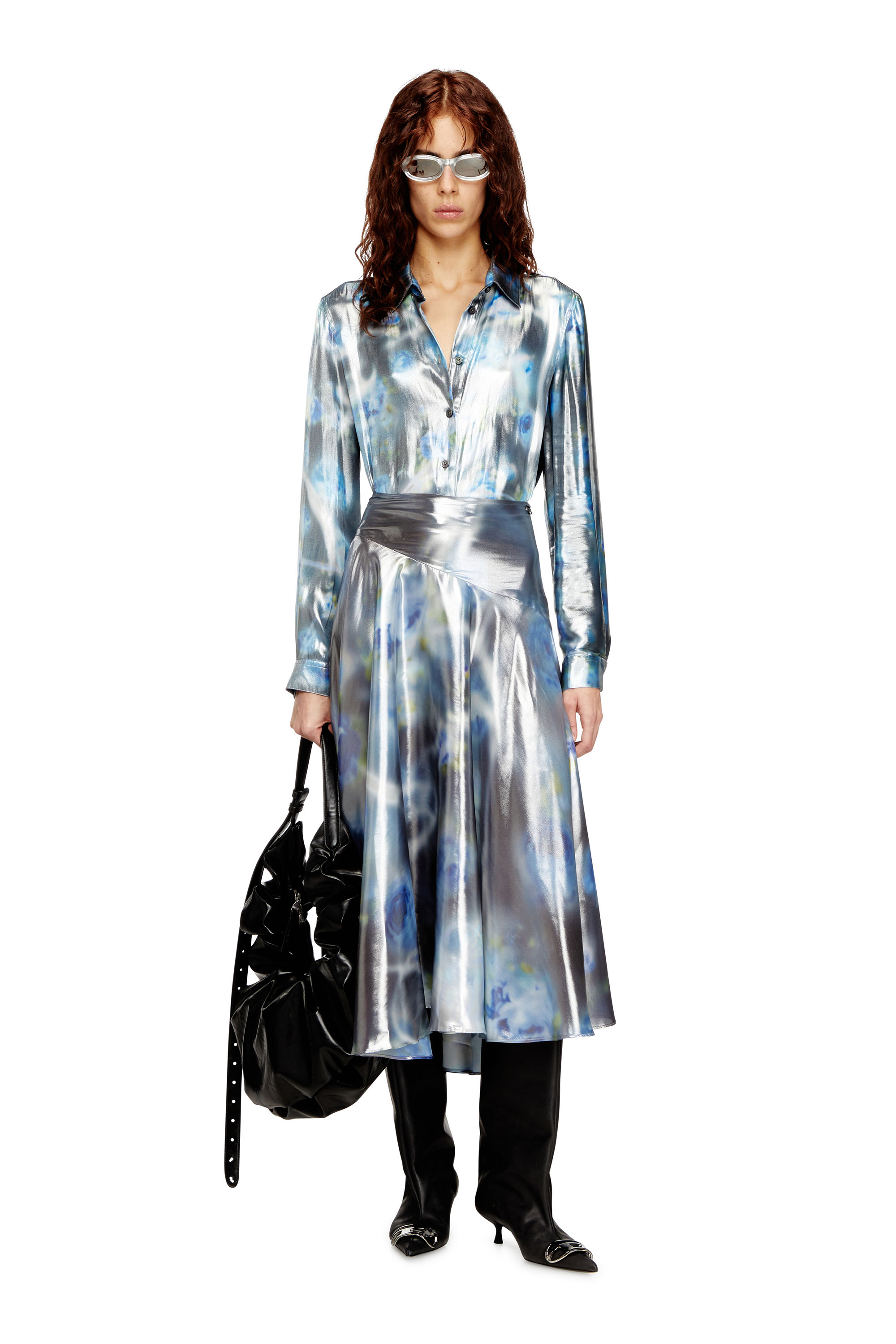 Diesel - O-ZULIE-S2, Falda midi metálica con estampado de rosas difuminadas Mujer in ToBeDefined - 2