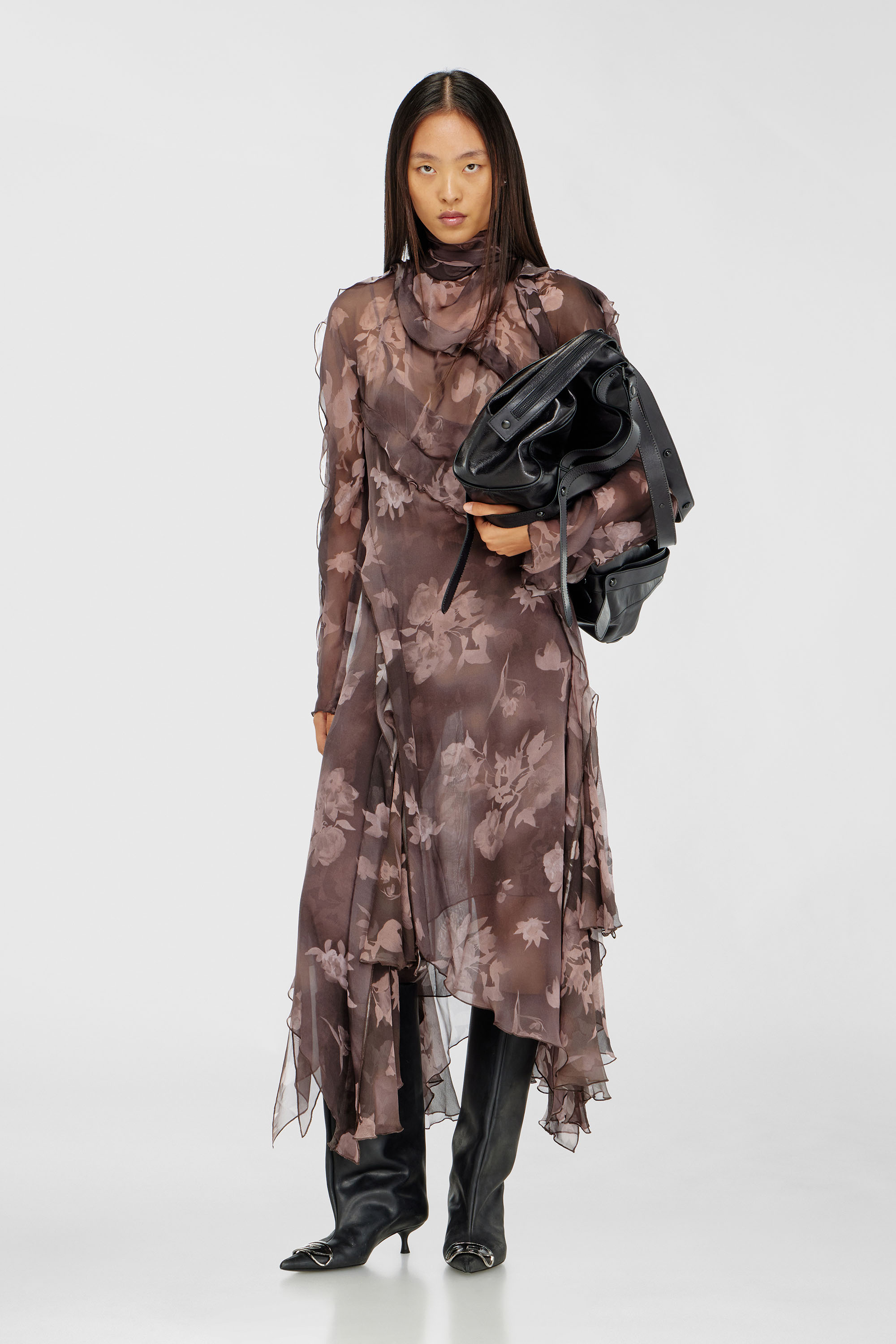Diesel - D-RIADI, Vestido midi asim&eacute;trico de gasa y crep&eacute; de seda Mujer in Marr&oacute;n - 1
