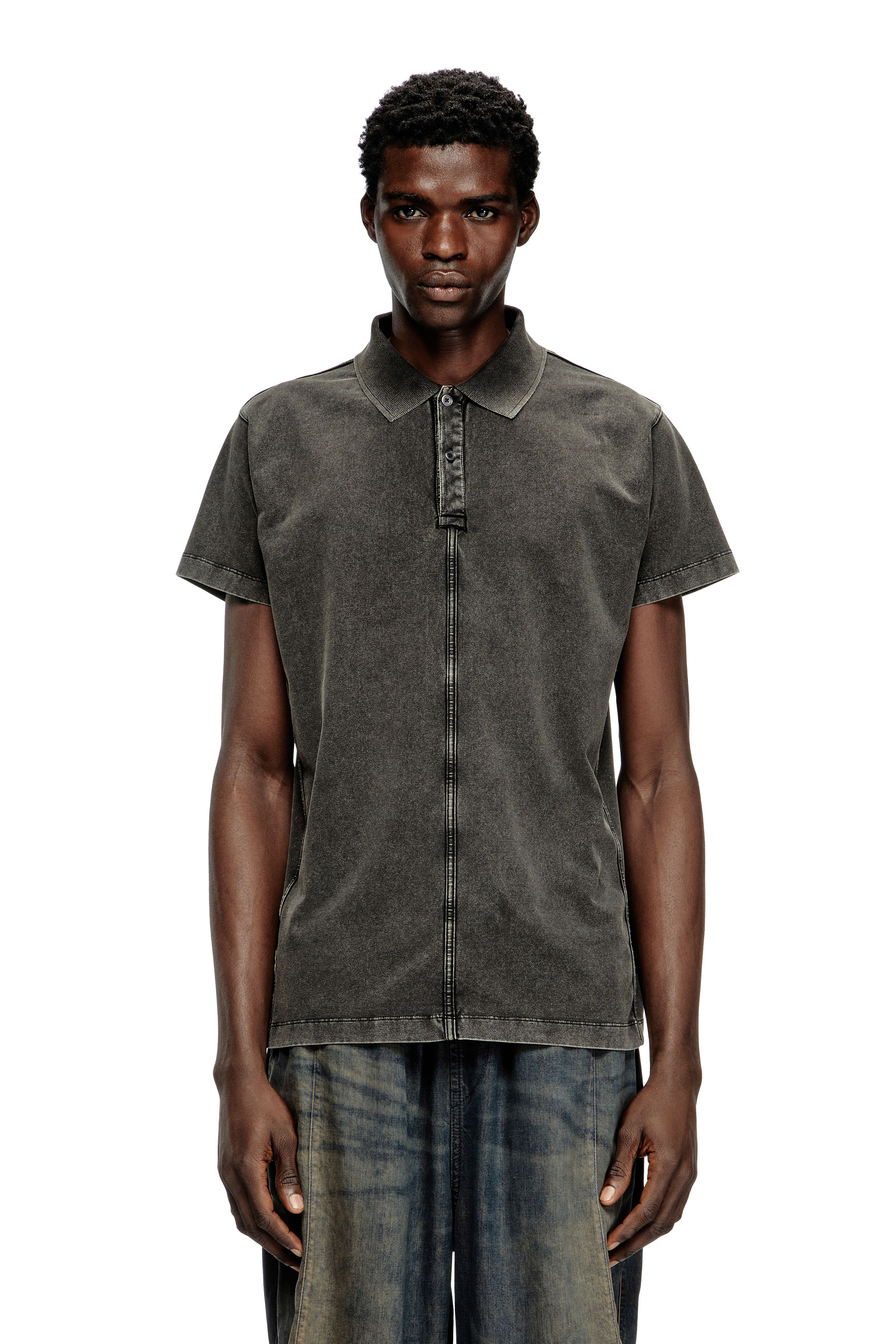 Diesel - T-NOMELY, Man's Polo shirt in denim-look jersey in Black - 3