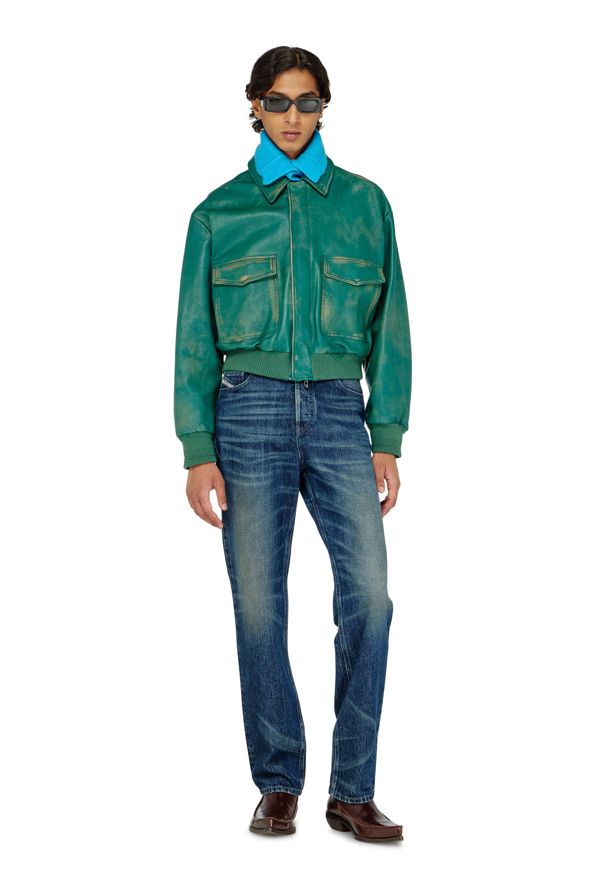 Diesel - L-UMAN, Chaqueta aviador de cuero tratado Hombre in Verde - 2