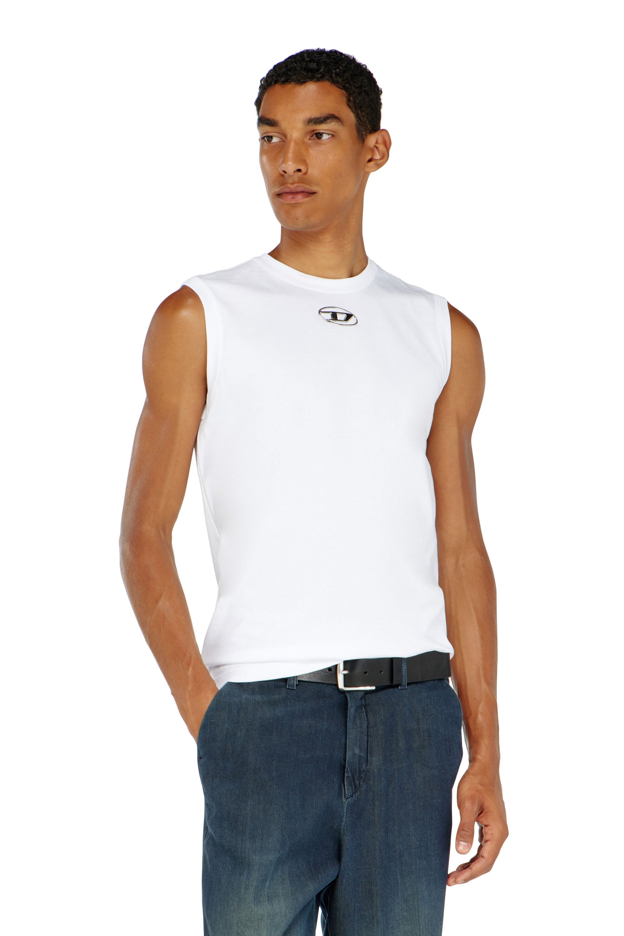 Diesel - T-BISCO-OD, Camiseta de tirantes con logotipo Oval D met&aacute;lico Hombre in Blanco - 3
