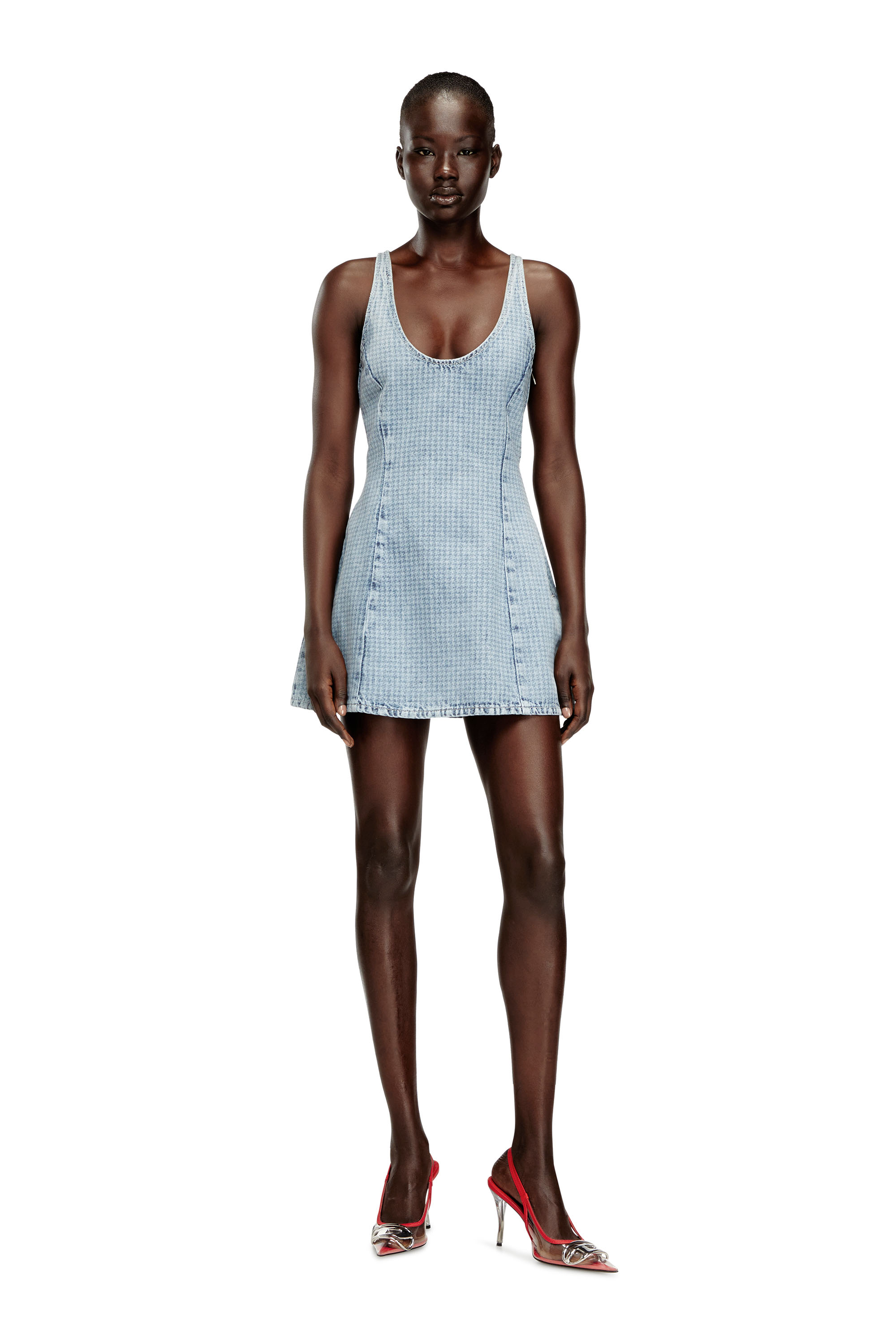 Diesel - DE-SWEENEY-S1, Vestido corto de denim con estampado de pata de gallo con cristales Mujer in Azul marino - 3