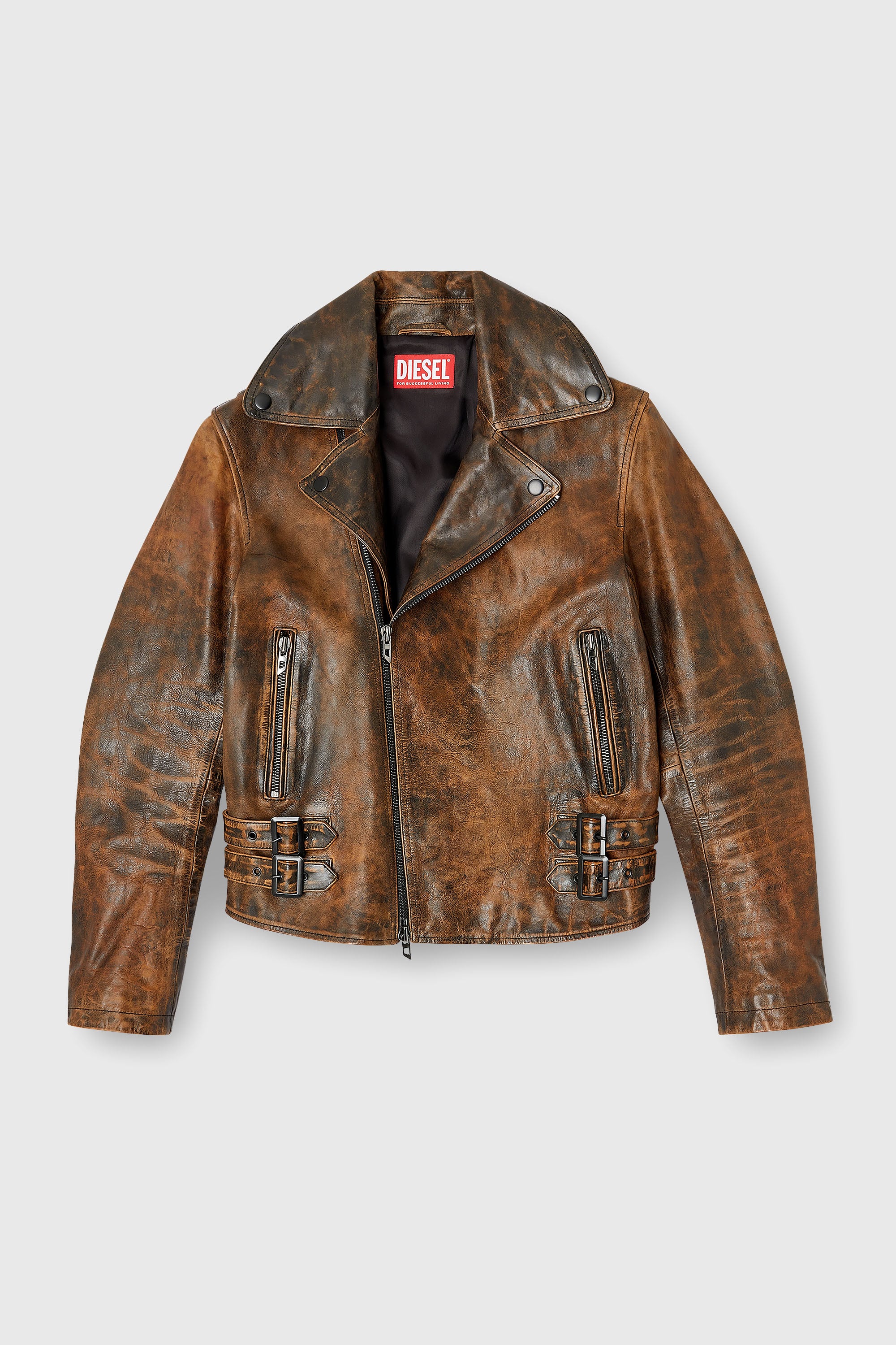 Diesel - L-EON, Chaqueta biker en cuero tratado Hombre in Marr&oacute;n - 2