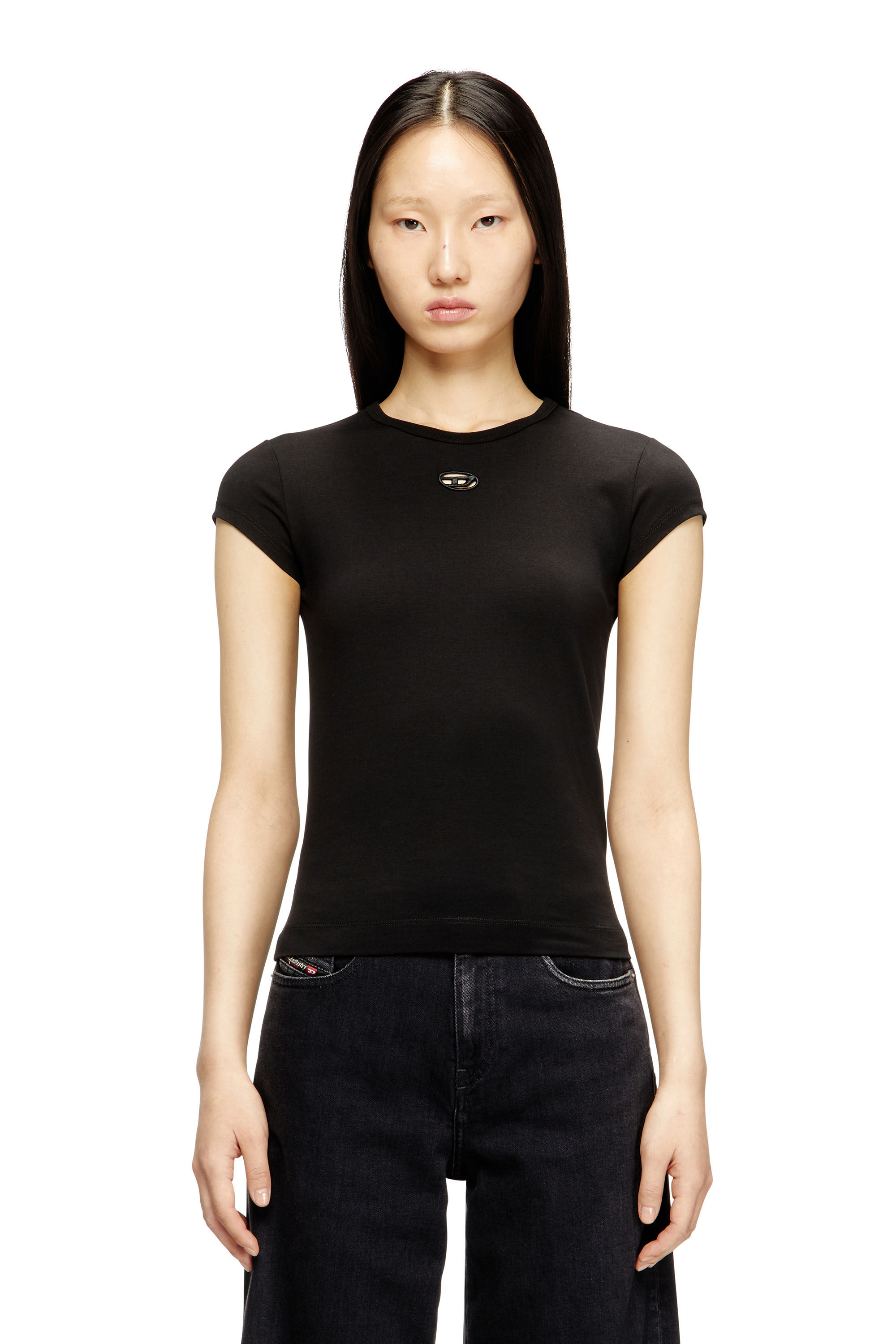 Diesel - T-ANGIE-OD, Camiseta con logotipo bordado con abertura Mujer in Negro - 1
