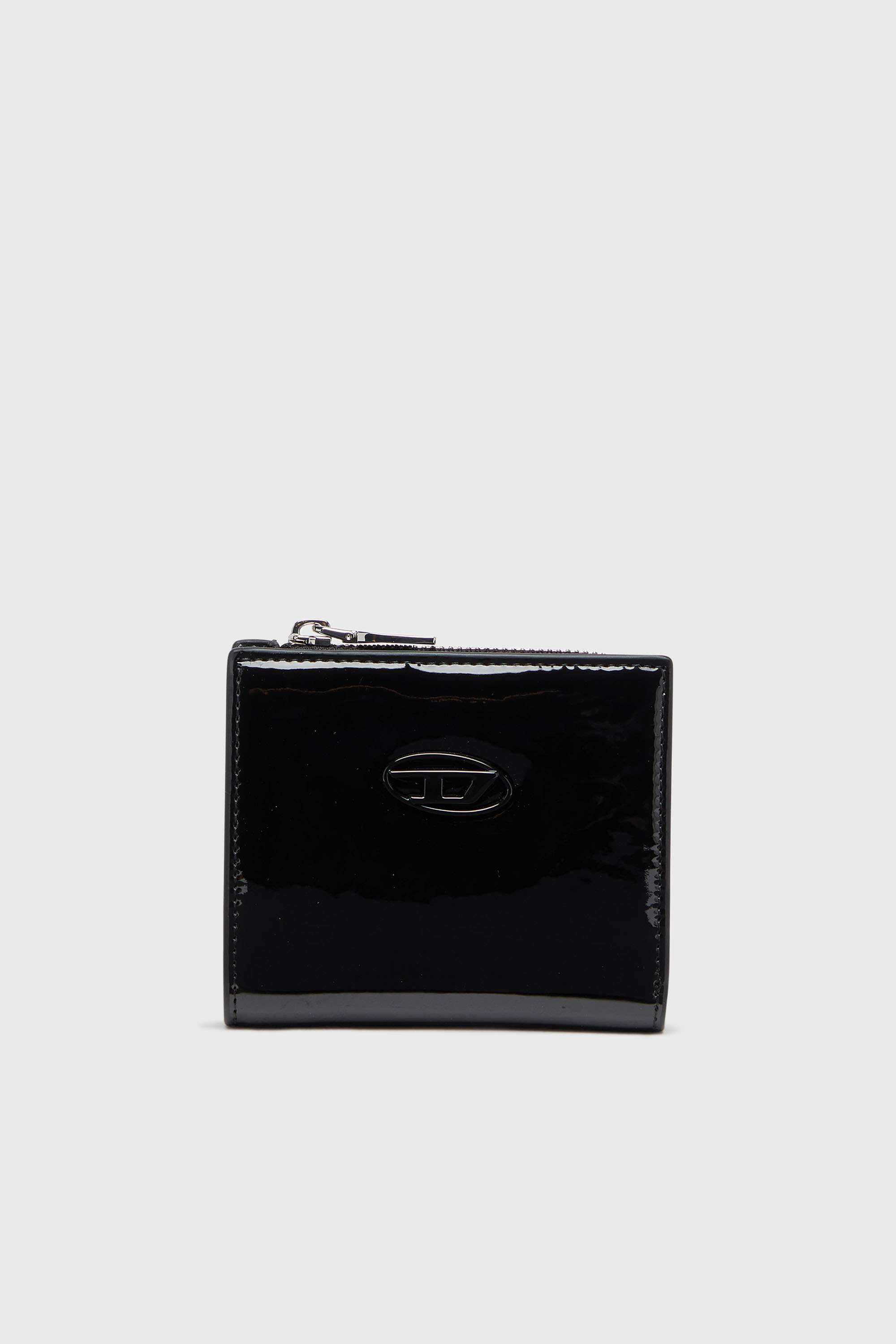 Diesel - PLAY BI FOLD ZIP L, Cartera que se pliega por la mitad de poliuretano brillante Mujer in Negro - 1