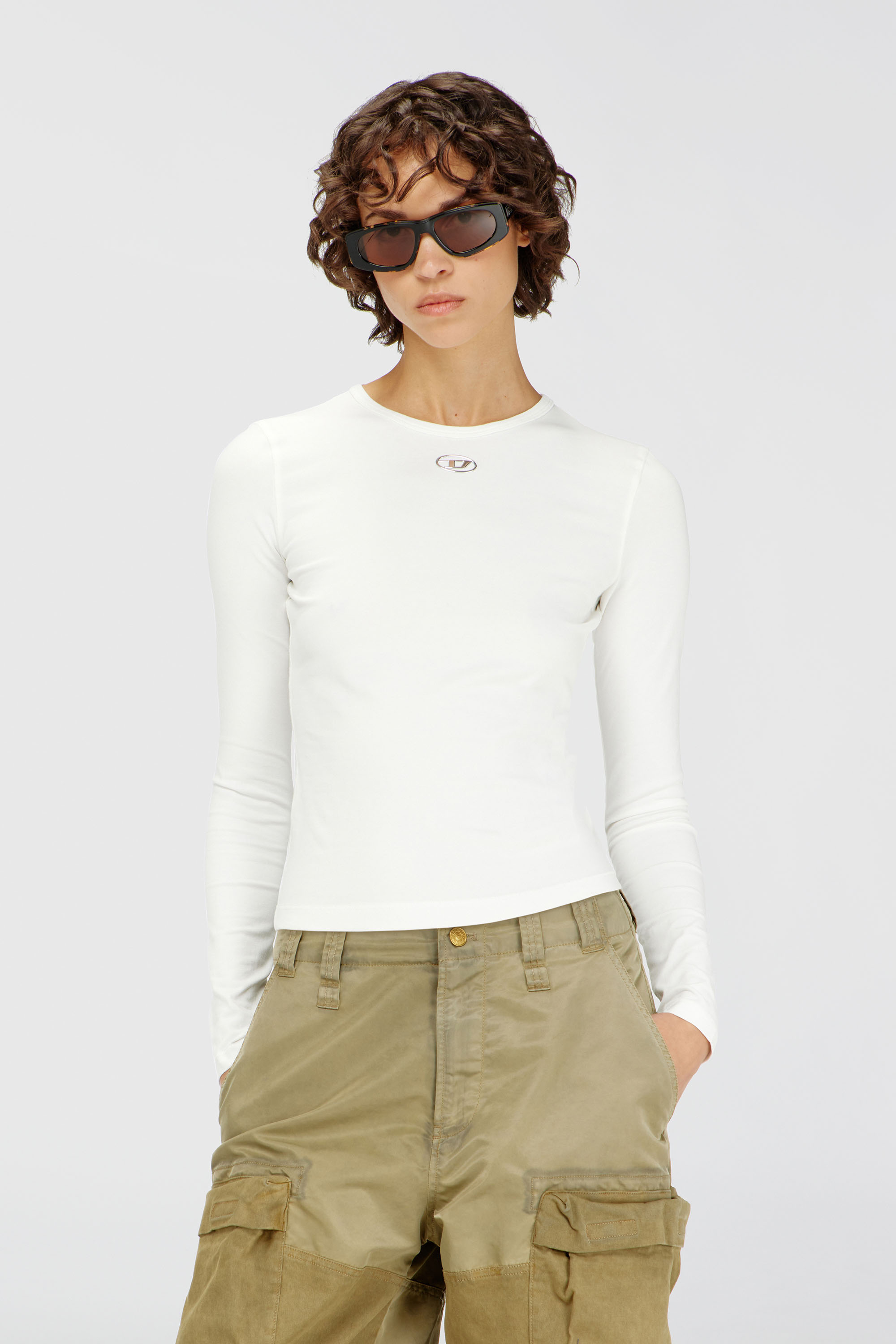 Diesel - T-UNCUTIESLONG-LS-OD, Jersey de algod&oacute;n con logotipo Oval D Mujer in Blanco - 1