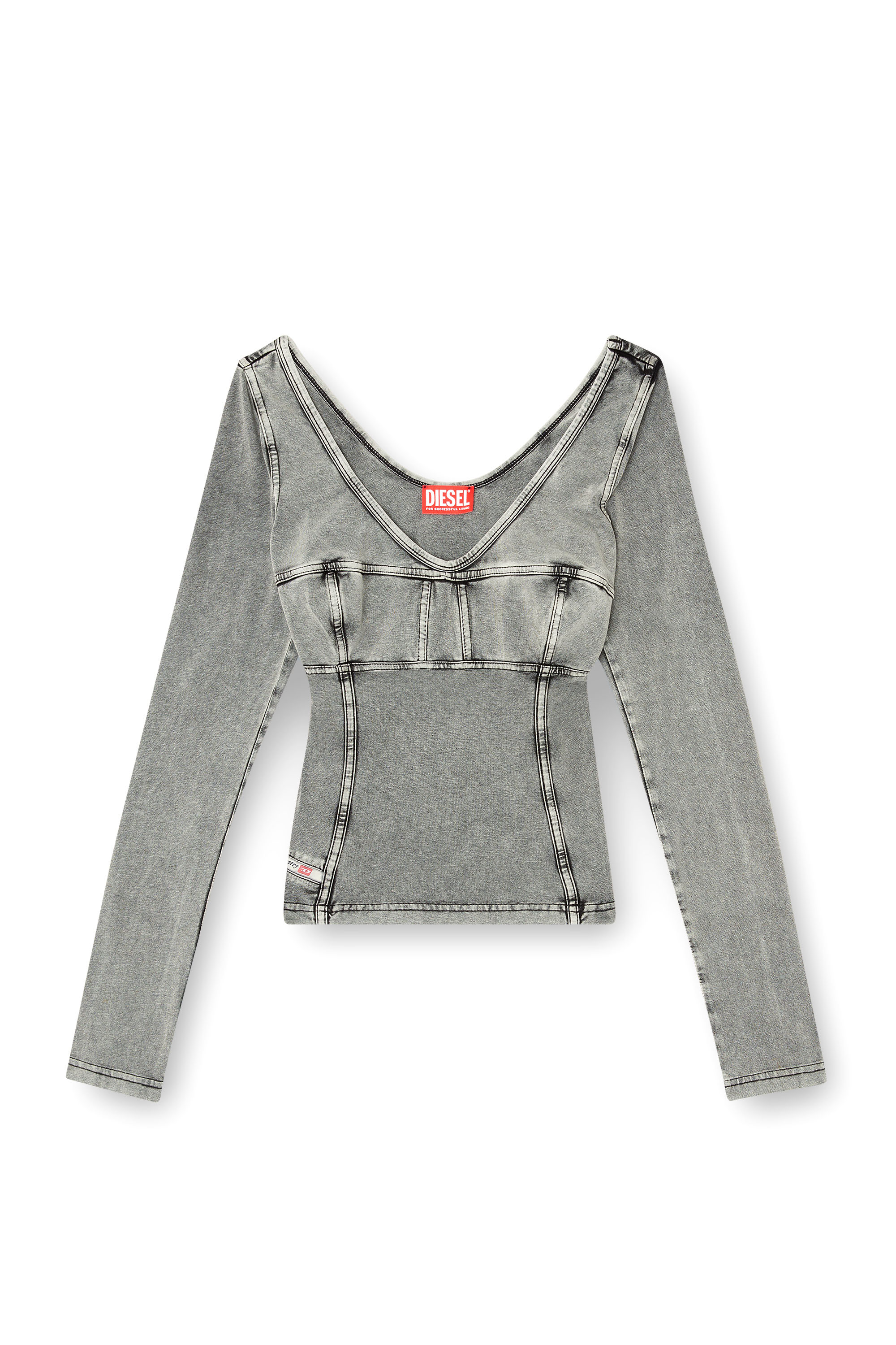 Diesel - T-ELIN, Camiseta de manga larga con efecto denim Mujer in Gris - 3