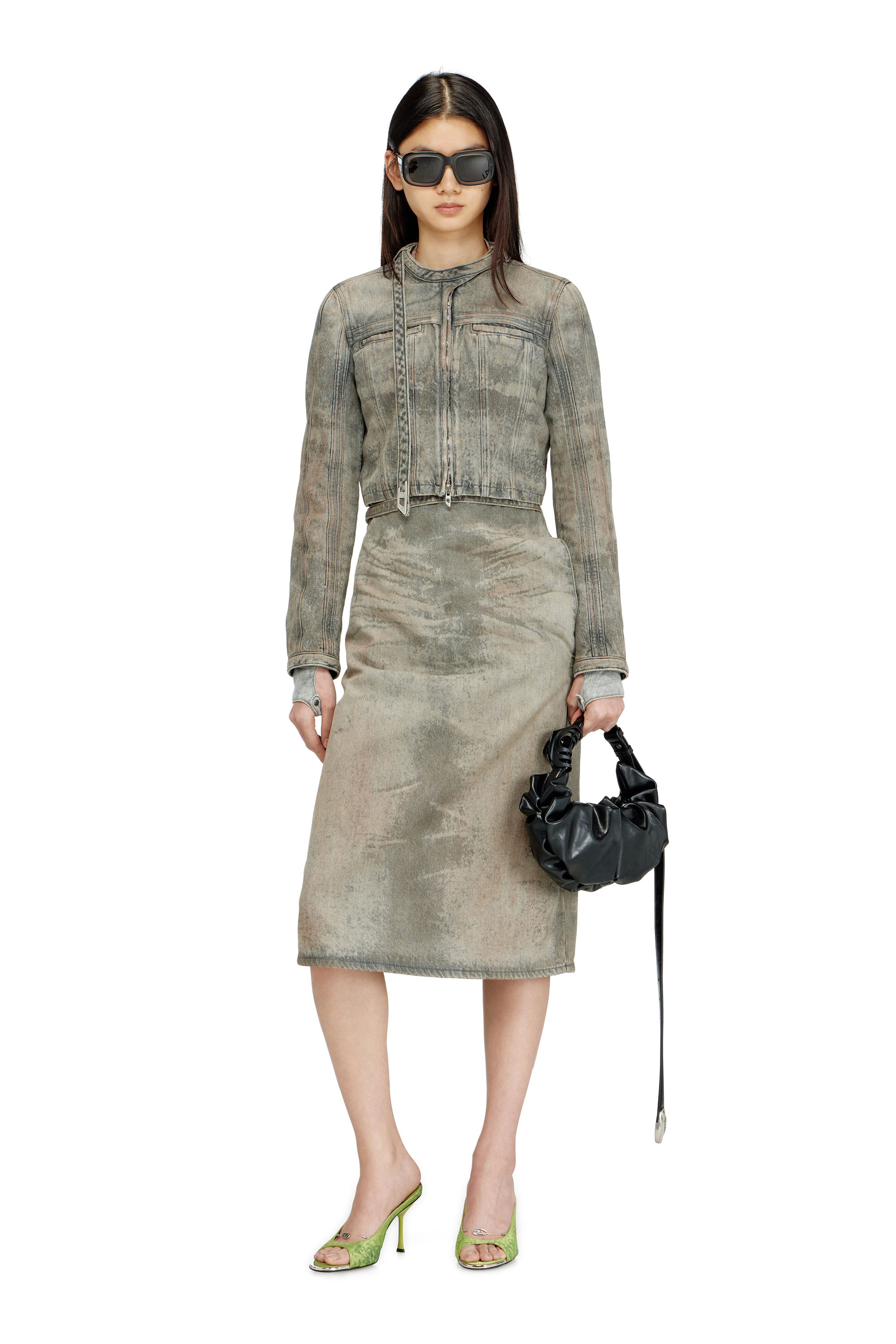 Diesel - DE-MORIKA-FSI, Falda midi de sat&eacute;n denim de algod&oacute;n y c&aacute;&ntilde;amo Mujer in Gris - 2