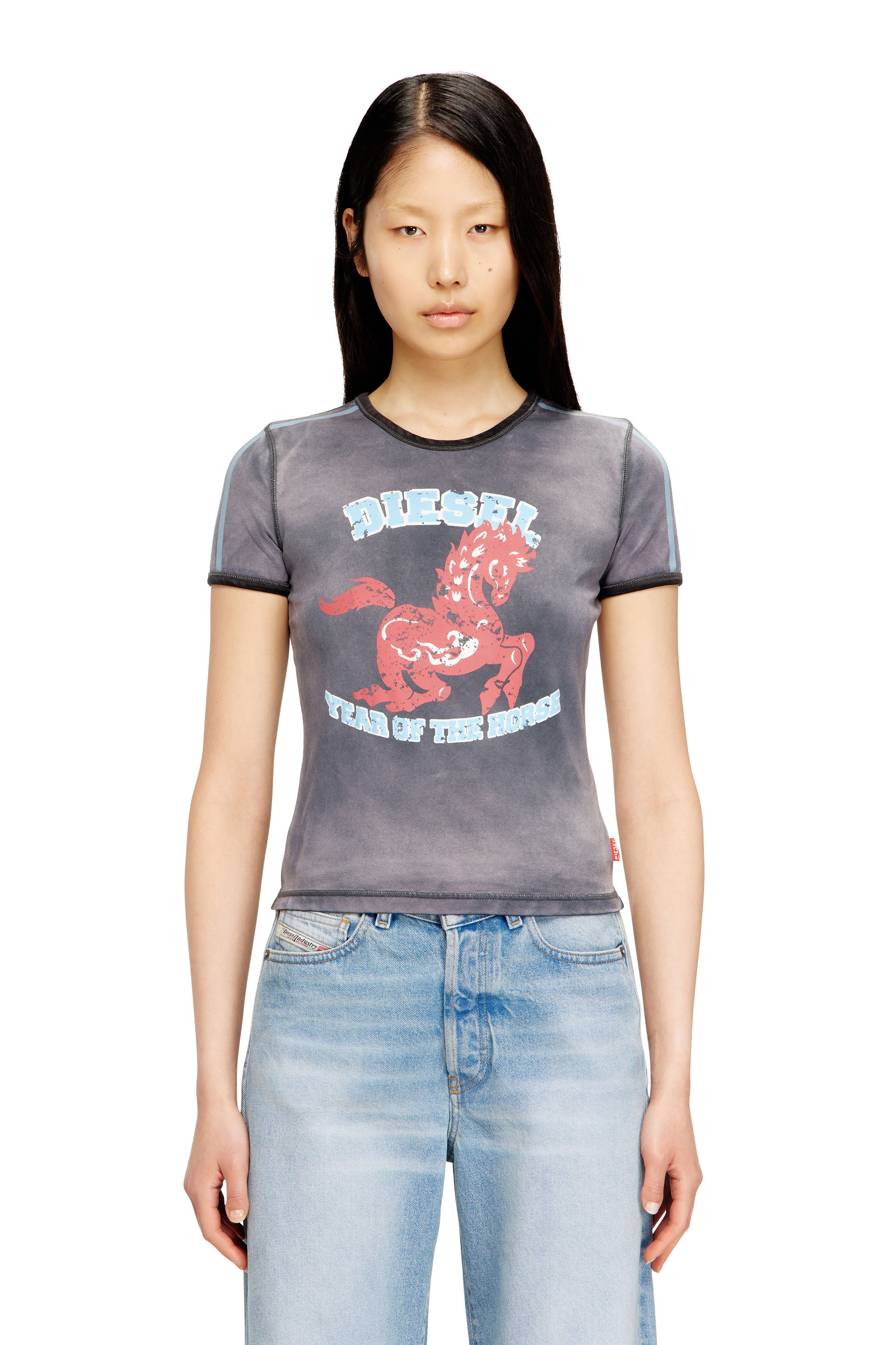Diesel - CL-T-UNCUTIE-HORSE, Camiseta el&aacute;stica de algod&oacute;n con estampado gr&aacute;fico de caballo Mujer in Negro - 1