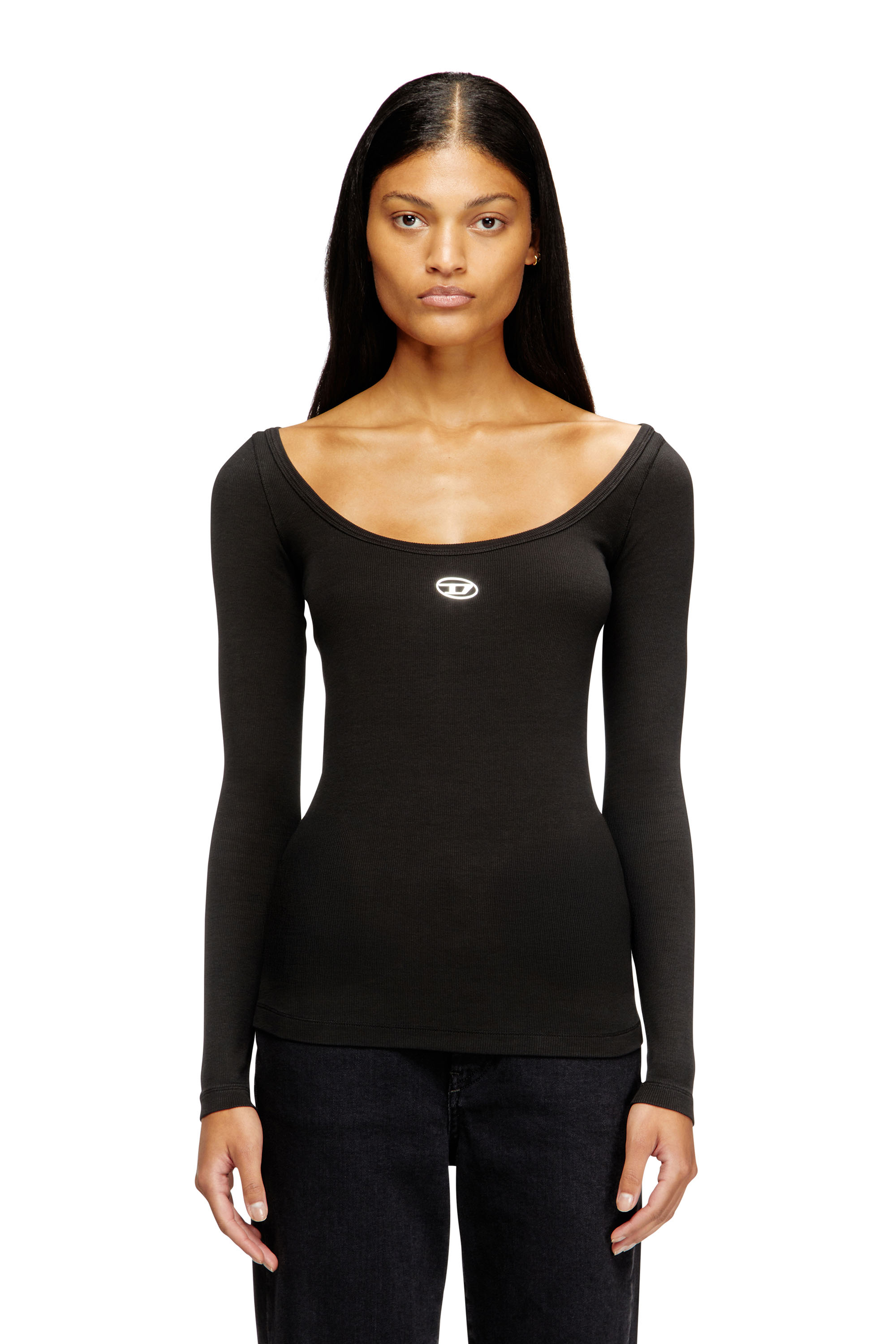 Diesel - T-BAL-OD, Top de manga larga de canalé con Oval D metálico Mujer in Negro - 1