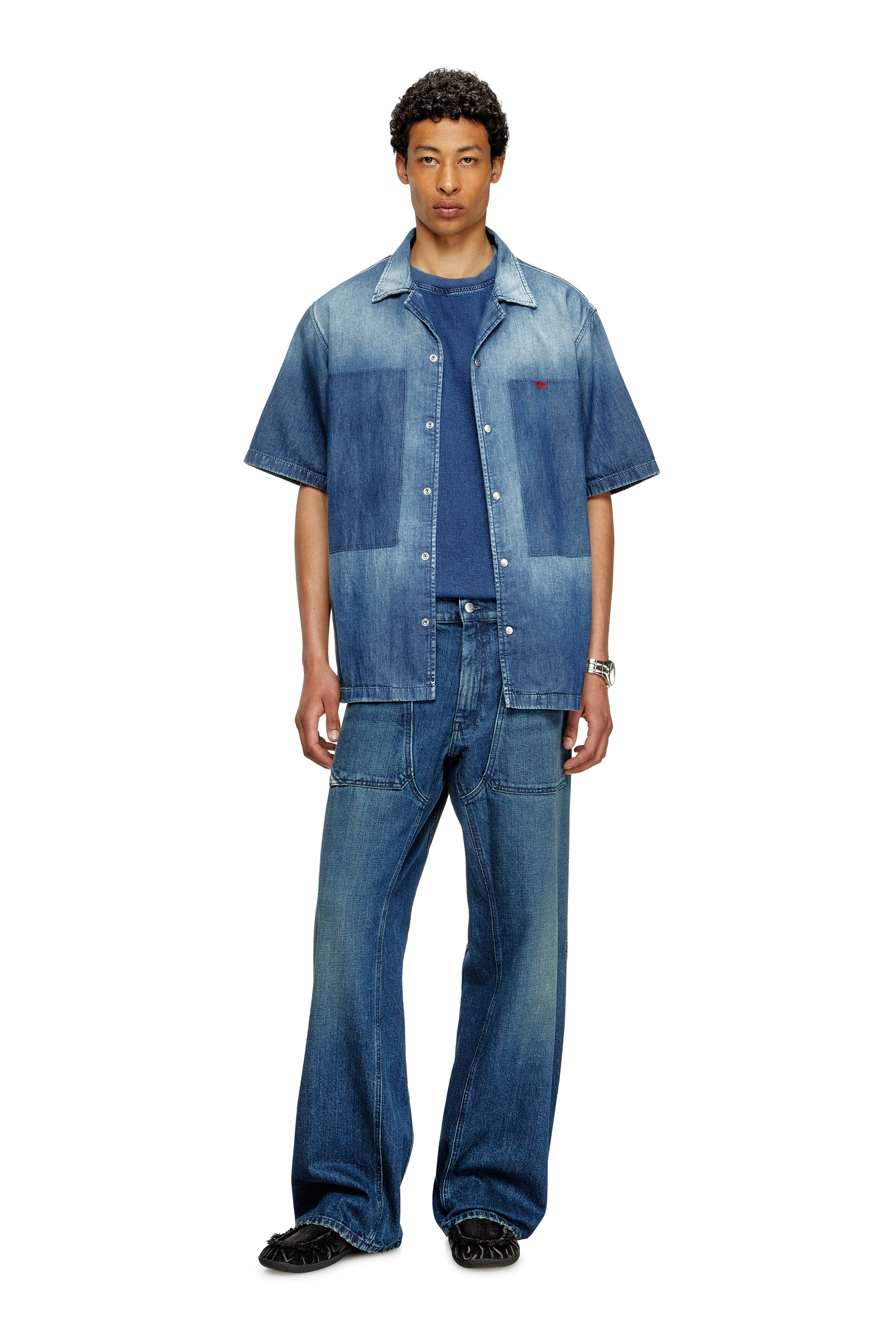 Diesel - D-NABIL-D, Camisa de bolos en denim con efecto de contraste Hombre in Azul marino - 1