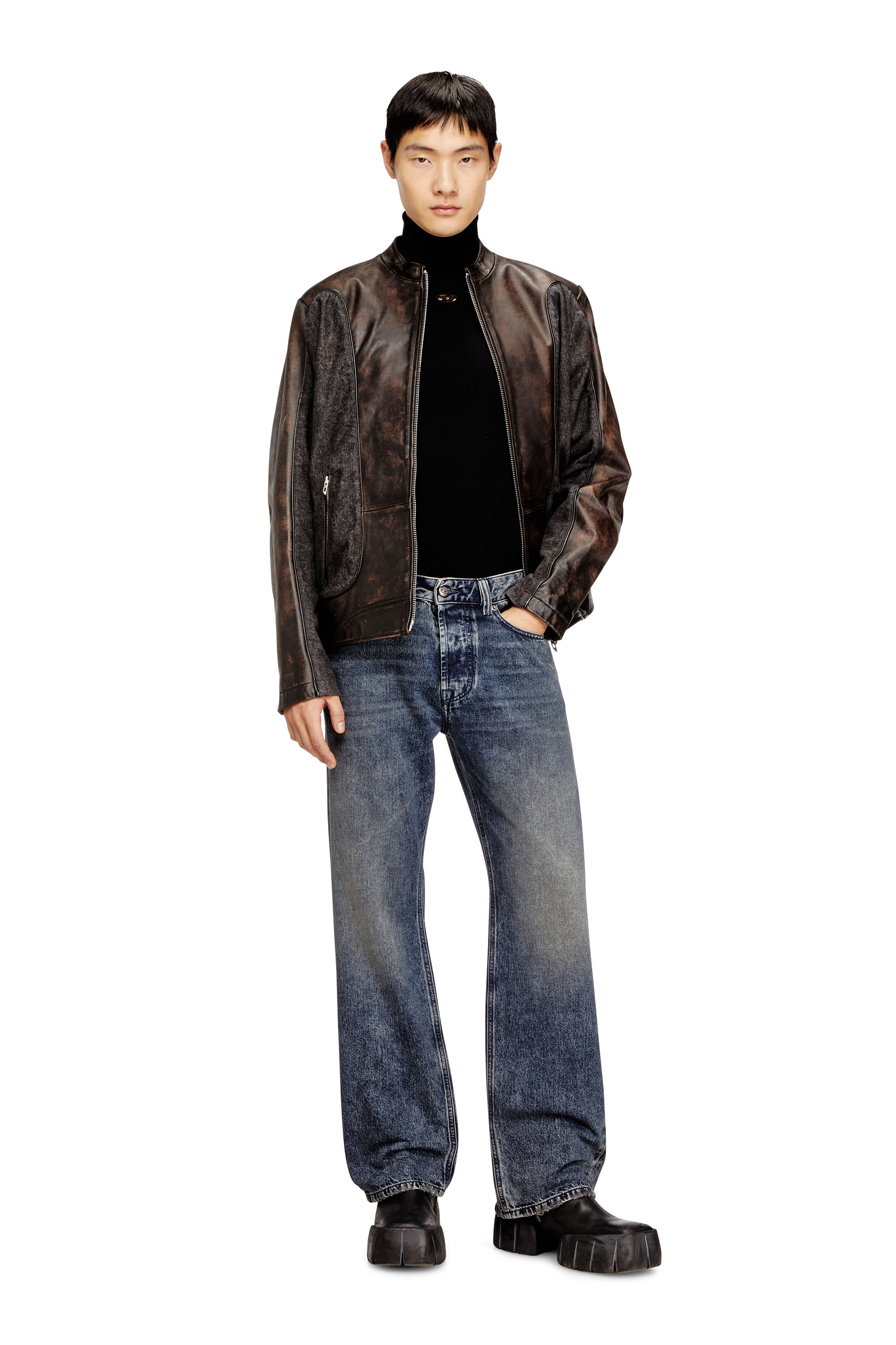 Diesel - L-KRILL-DNM, Chaqueta de motorista canalizada en cuero y denim Hombre in ToBeDefined - 1