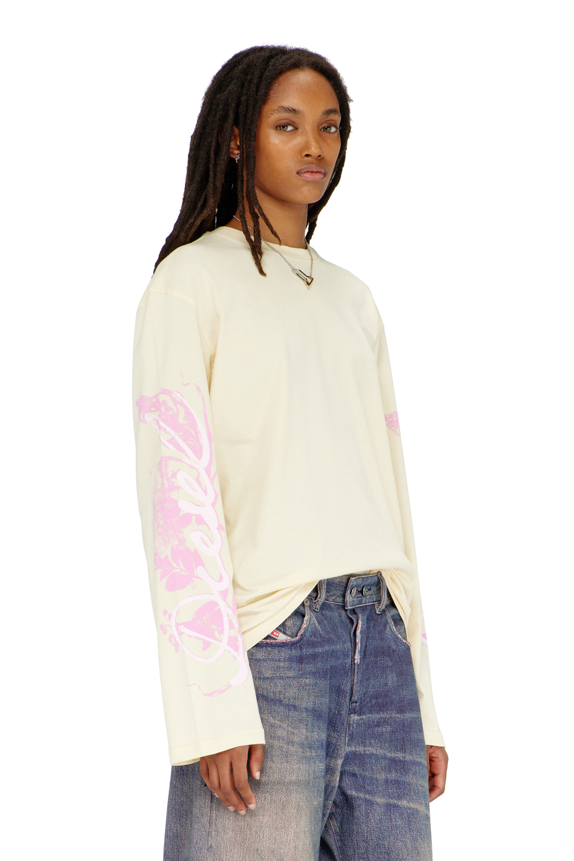 Diesel - T-HILARY-LS-AA3, Camiseta de manga larga con estampados gr&aacute;ficos y cristales Mujer in Blanco - 1