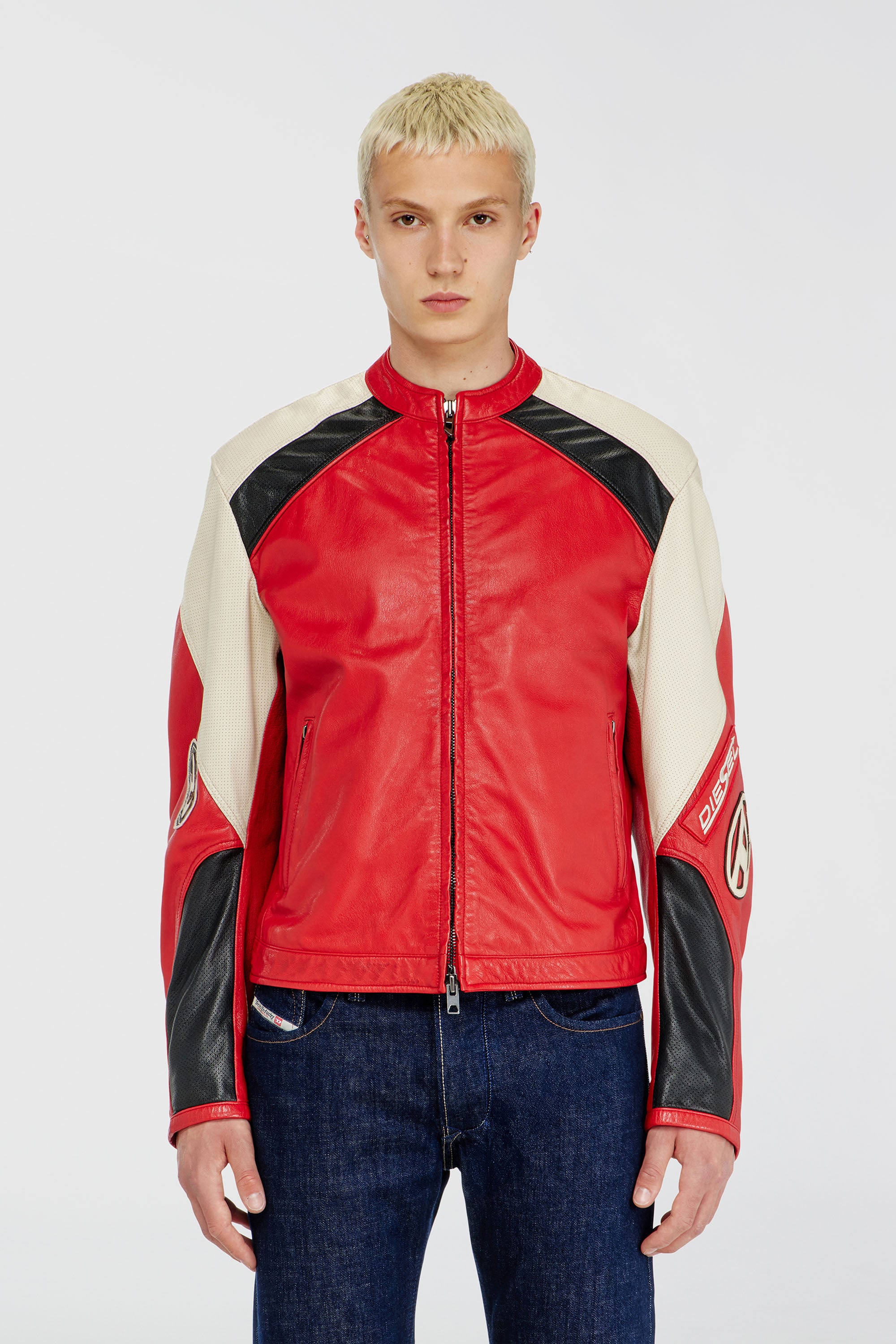 Diesel - L-AHTI, Cazadora biker de piel perforada en bloques de color Hombre in Multicolor - 1