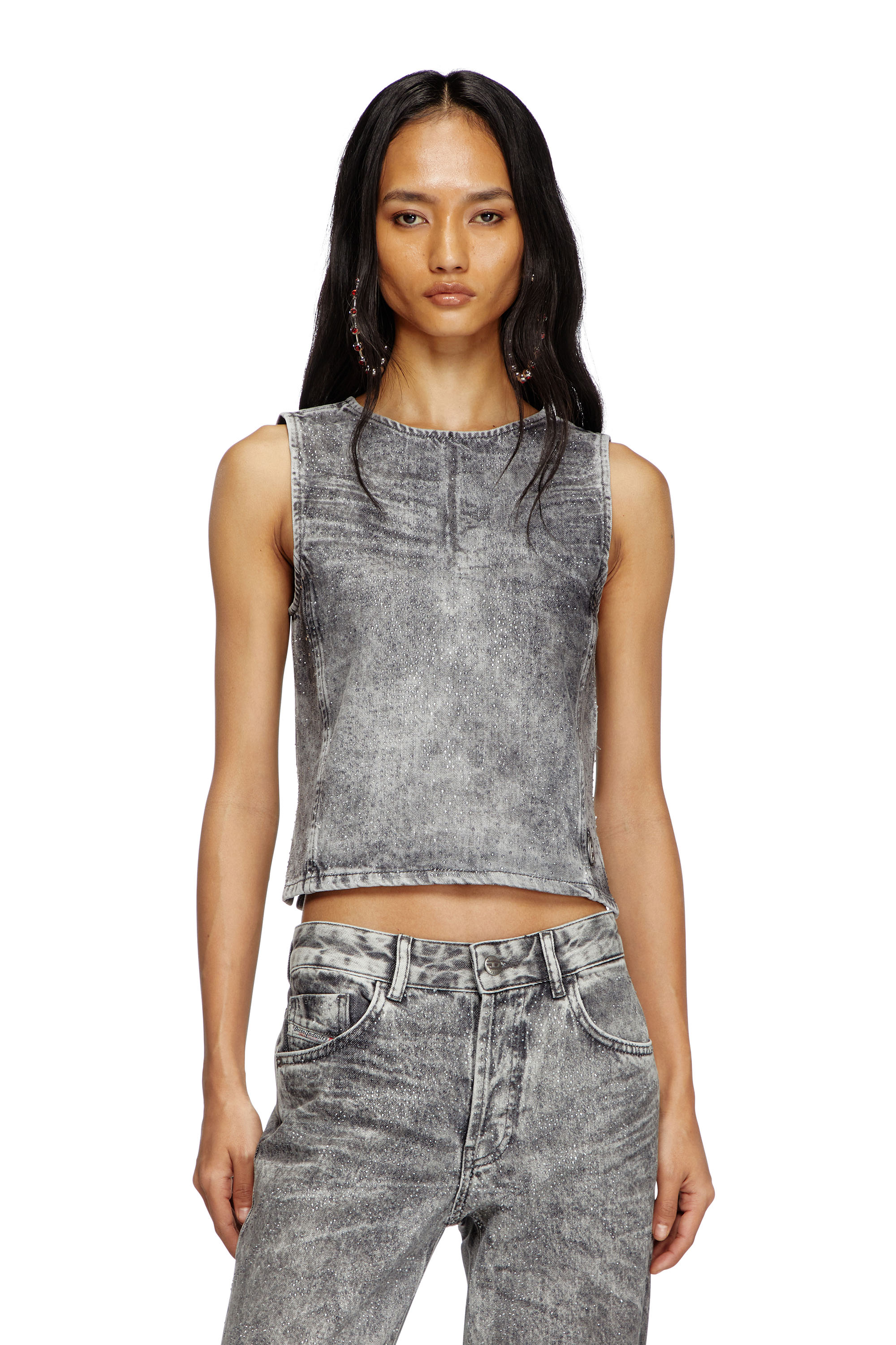 Diesel - DE-PINAR-S, Top sin mangas en denim con cristales Mujer in Gris - 1