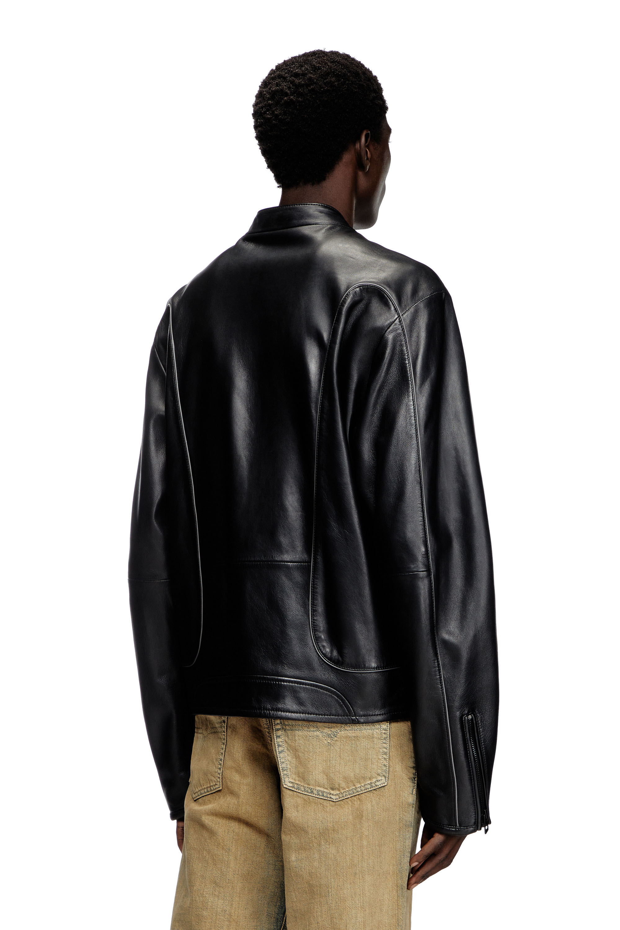 Diesel - L-KRIXY, Chaqueta biker de cuero con detalles de ribetes Hombre in Negro - 4