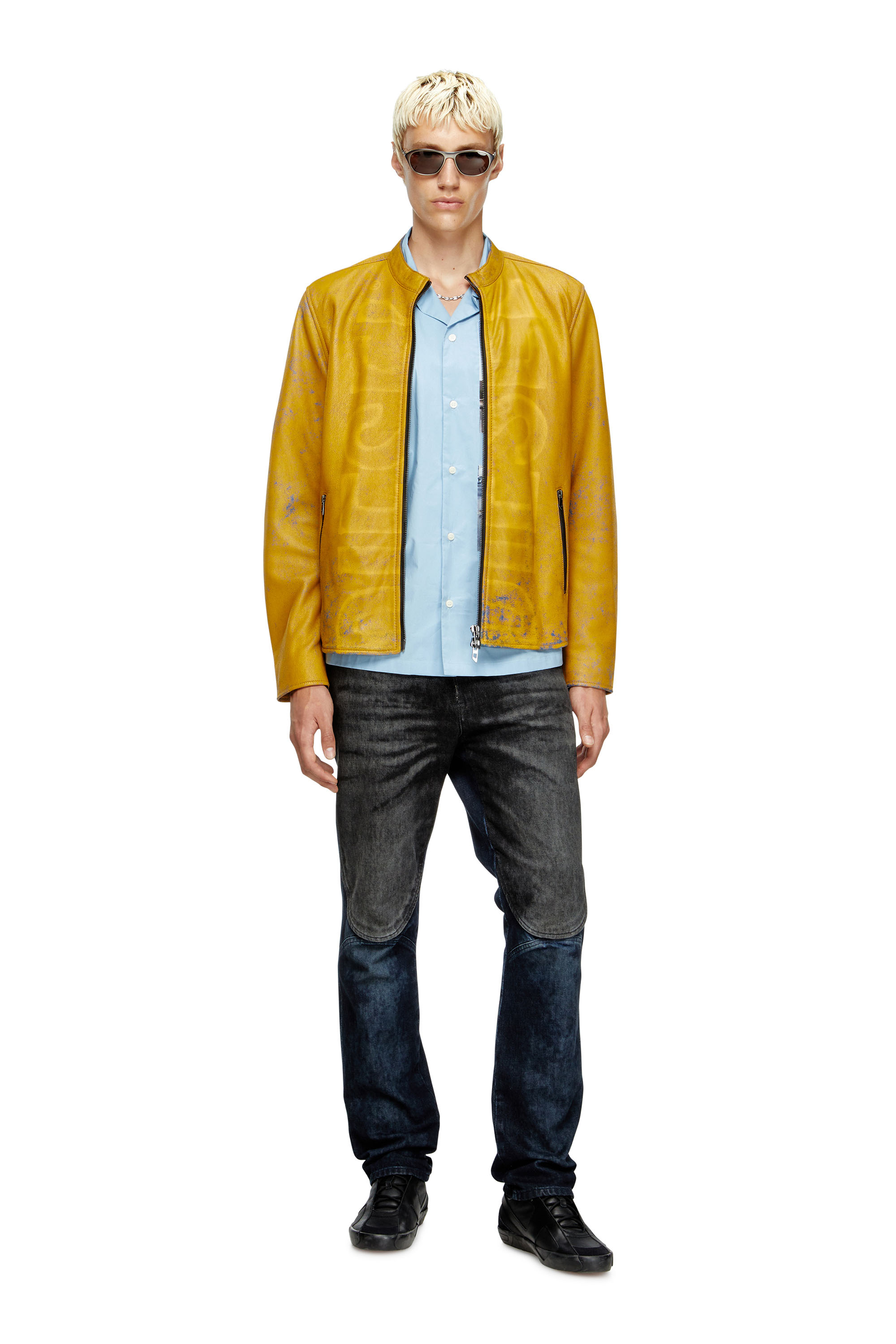 Diesel - L-EVERT-A, Chaqueta biker de cuero tratado con logotipo desteñido Hombre in Amarillo - 2