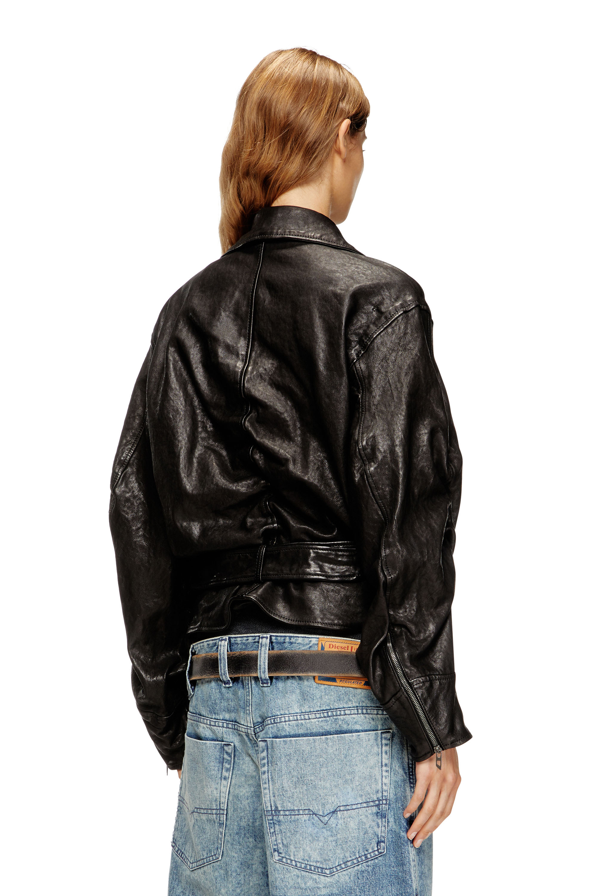 Diesel - L-OYS, Chaqueta con cinturón en cuero hervido Mujer in Negro - 4