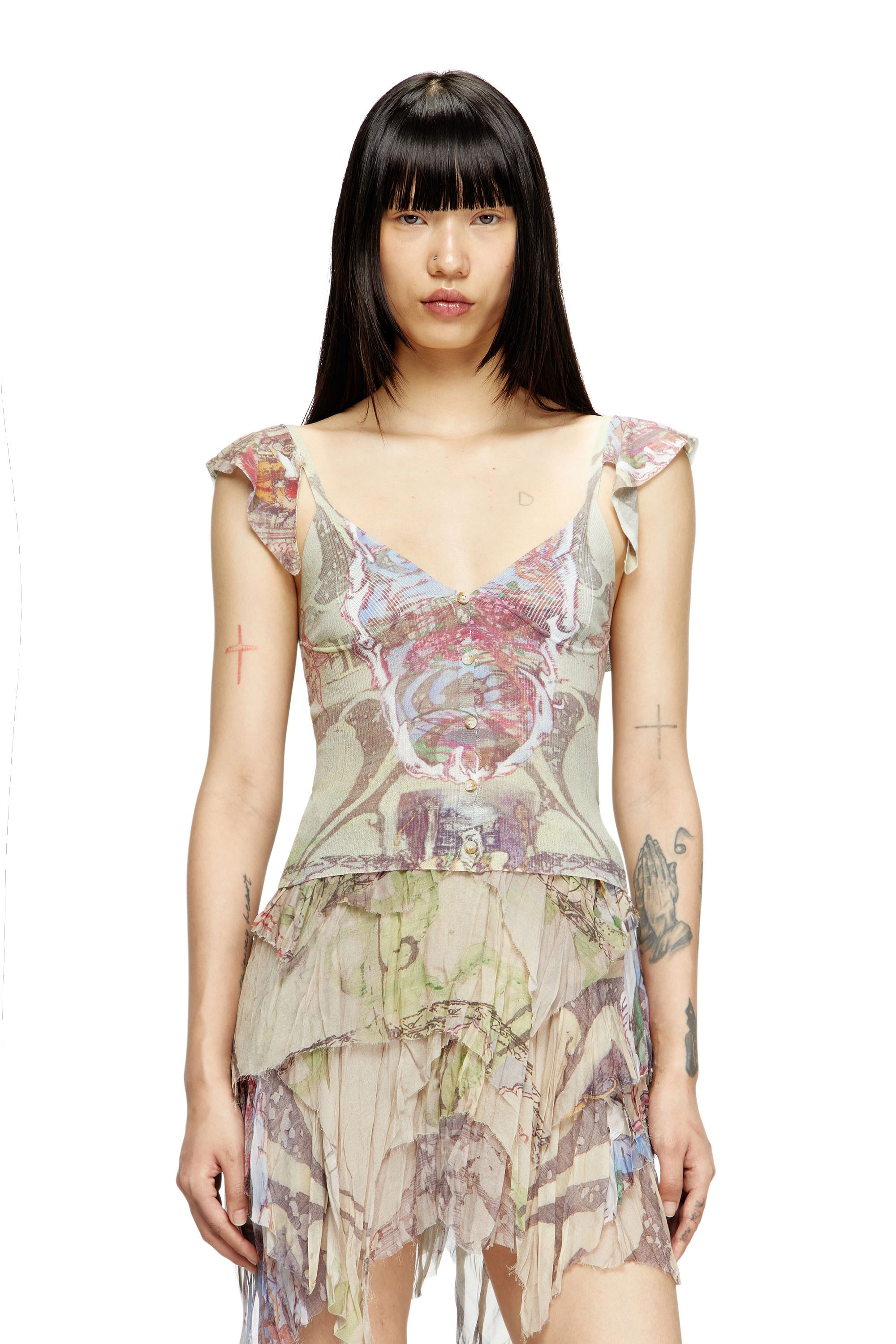 Diesel - M-FIORE, Top de punto con volantes en los hombros y estampado medieval Mujer in Beige - 3