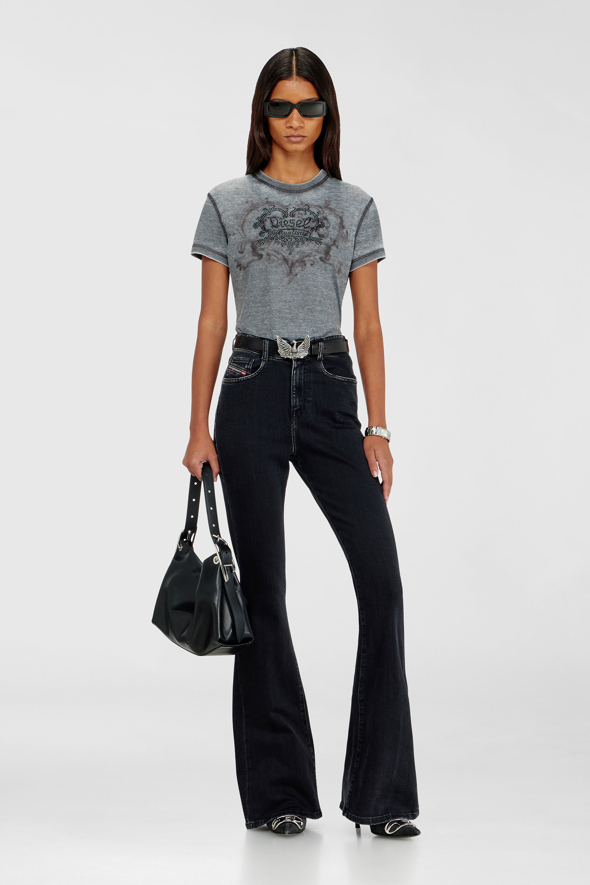 Diesel - T-ILA-AA1, Camiseta de jersey con strass y burnout effect Mujer in Gris - 2