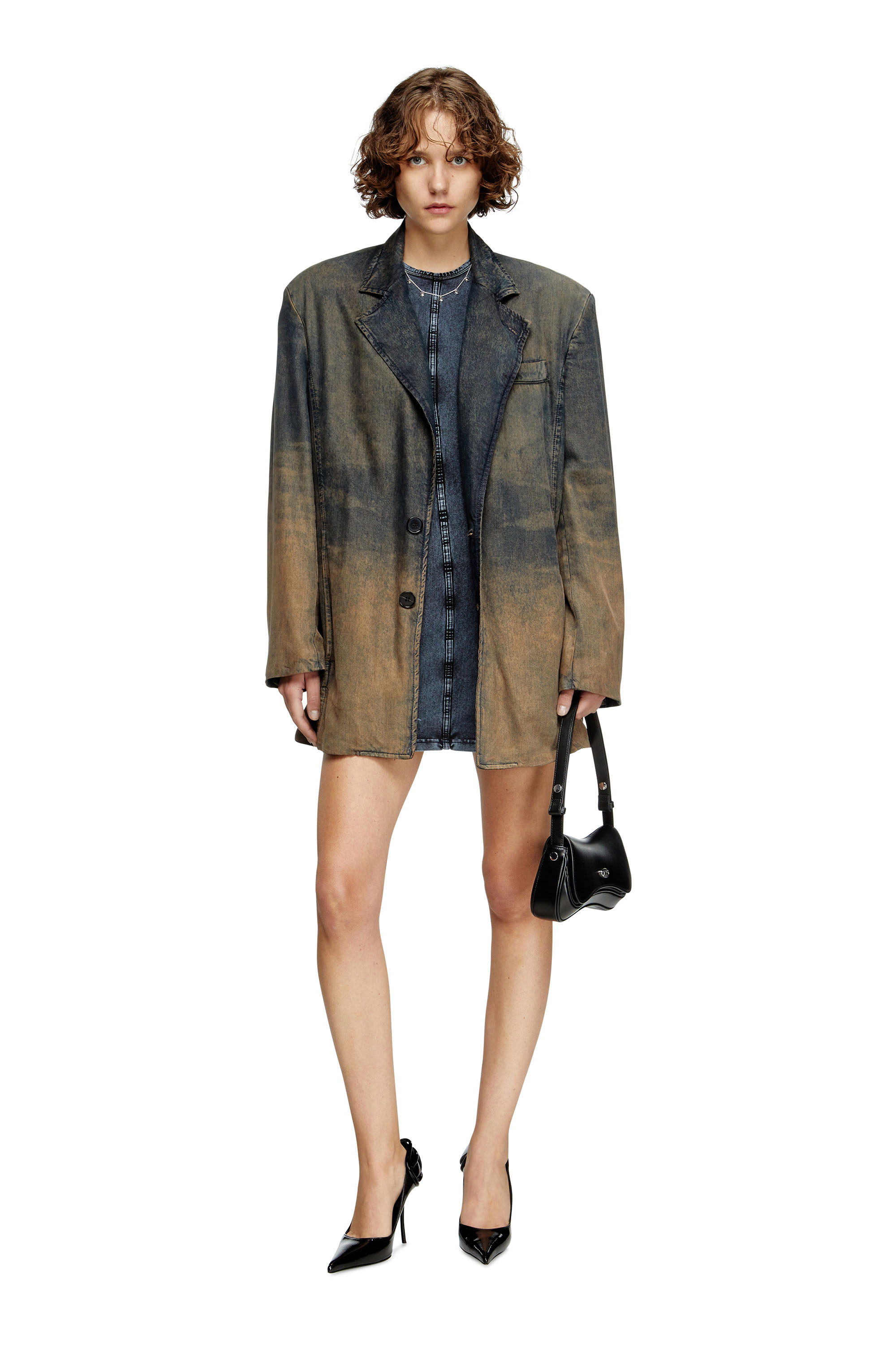 Diesel - D-CUPSLEEVES, Vestido mini de punto con aspecto denim Mujer in Azul marino - 1