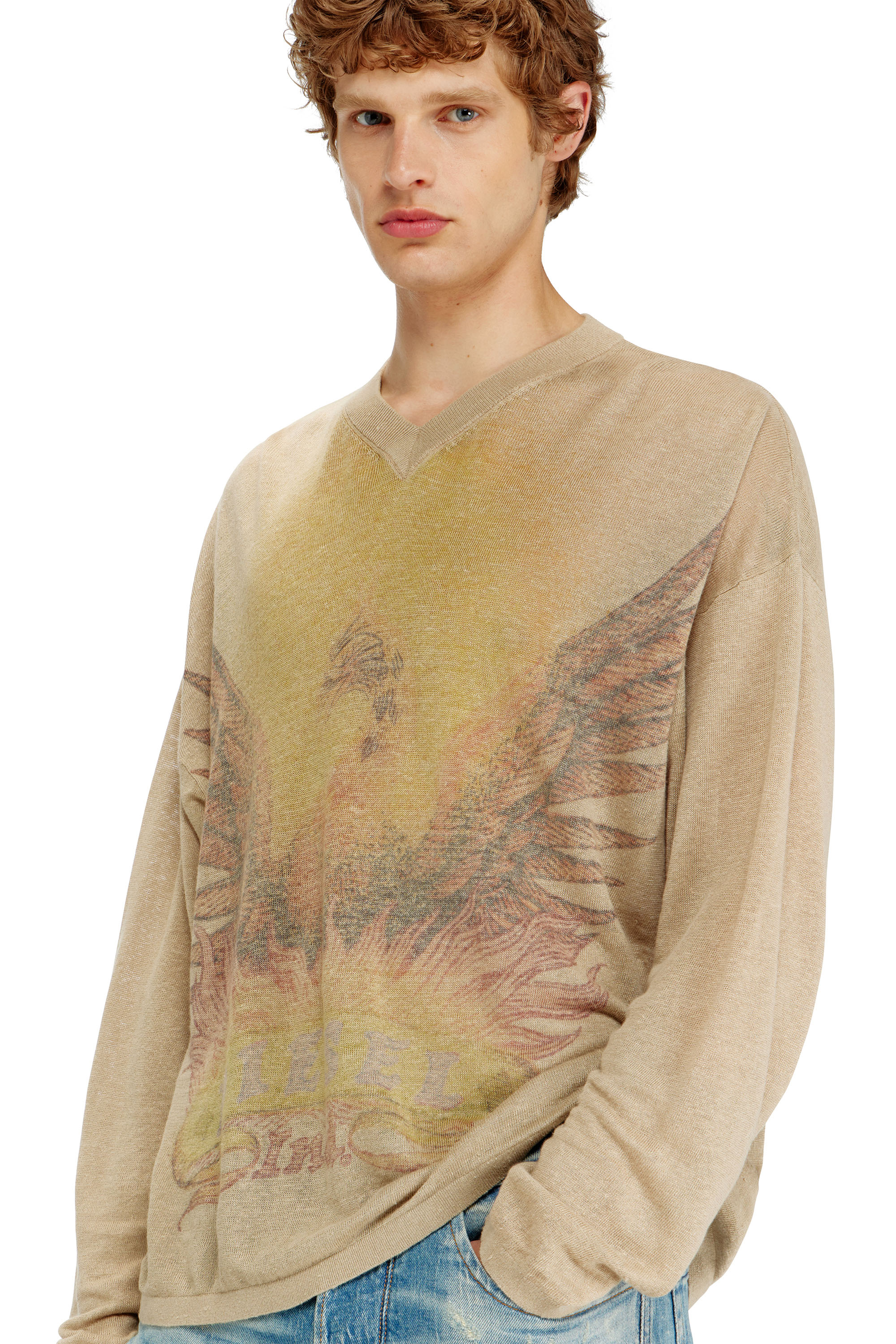 Diesel - K-ARMINS, Jersey de lino con estampado Phoenix desgastado Hombre in Beige - 5
