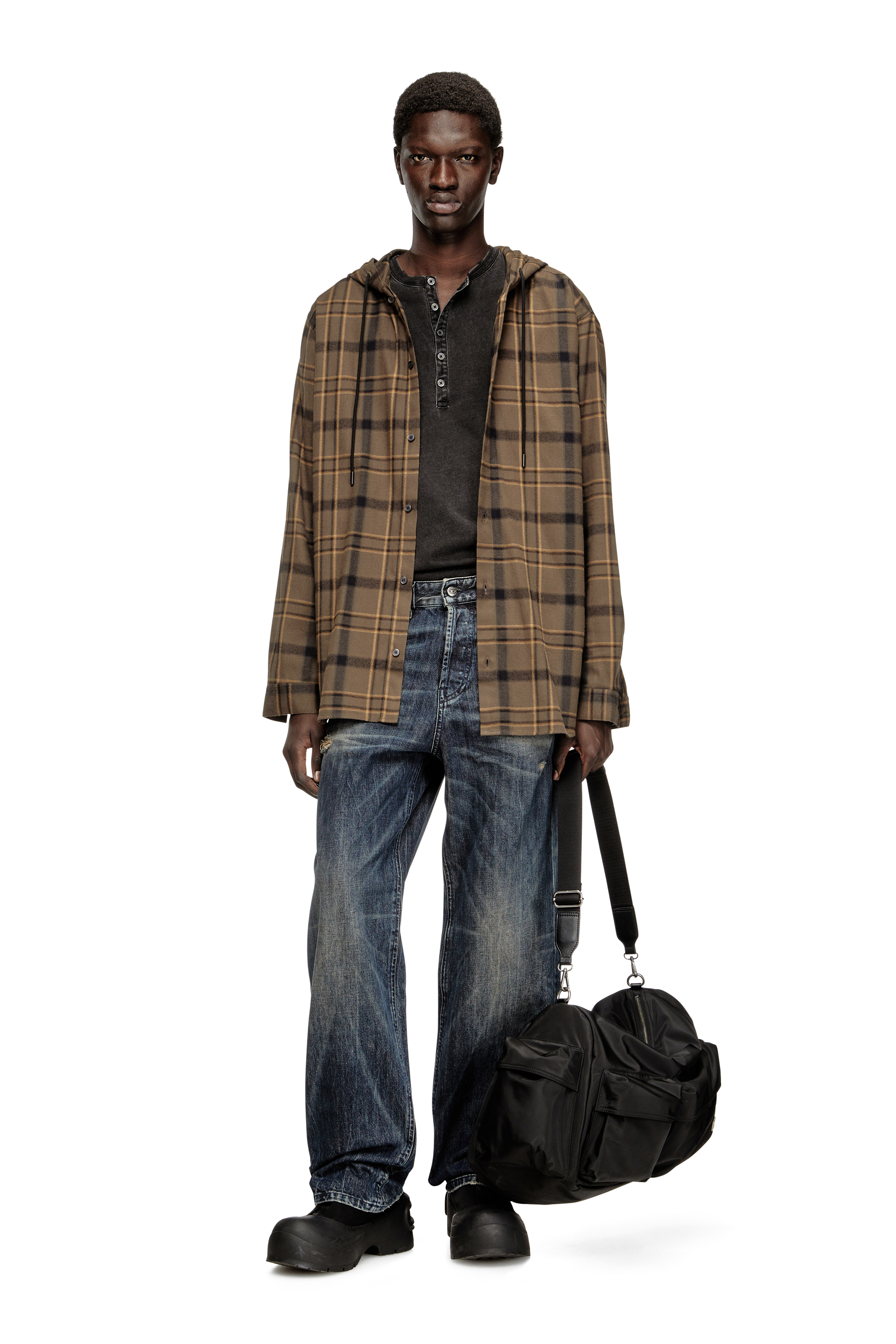 Diesel - S-IX, Camisa con capucha de franela a cuadros con logo Hombre in Marrón - 2