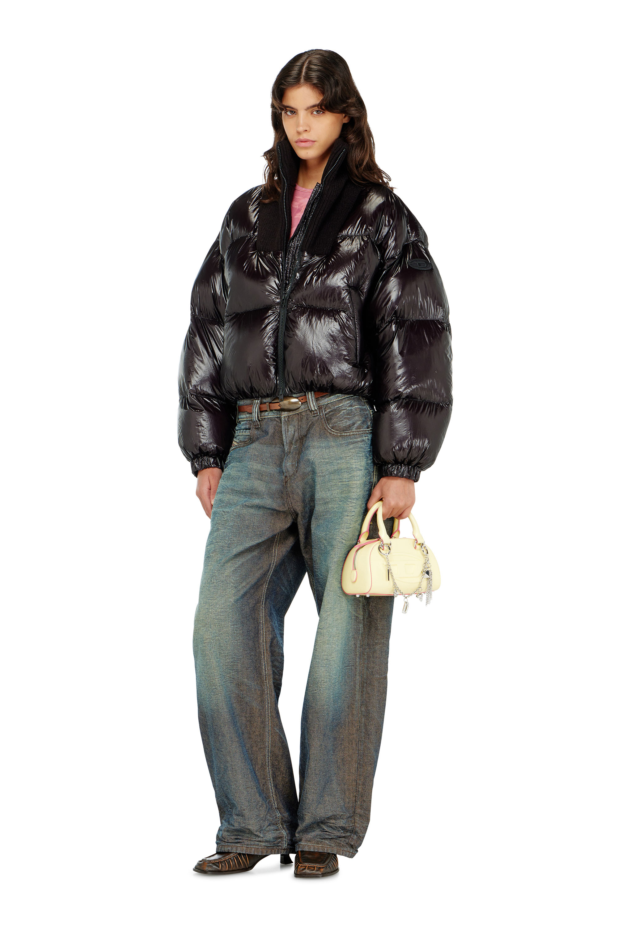 Diesel - W-ARRIOR, Chaqueta acolchada down en ripstop con cuello de punto Mujer in Negro - 1