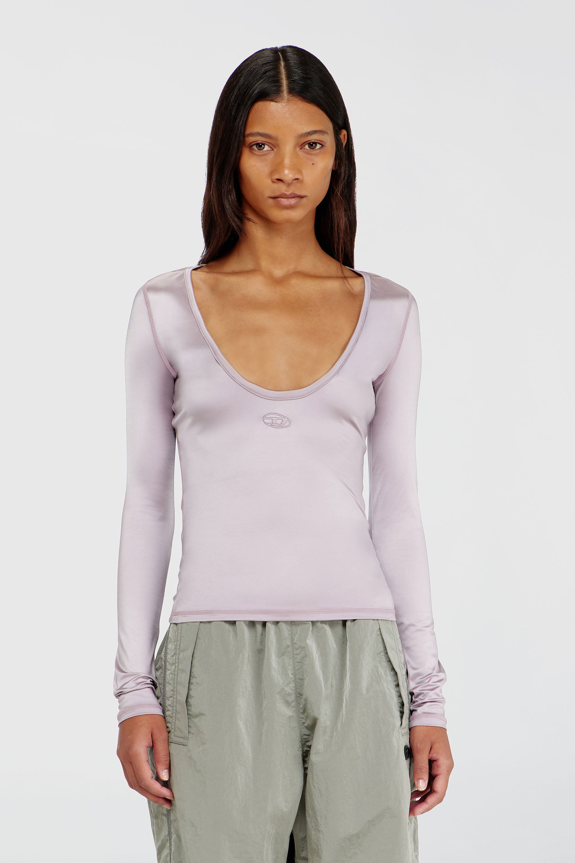 Diesel - T-ELPHIN-LS, Top slim de nylon con escote redondo y Logo Oval D bordado Mujer in Morado - 1