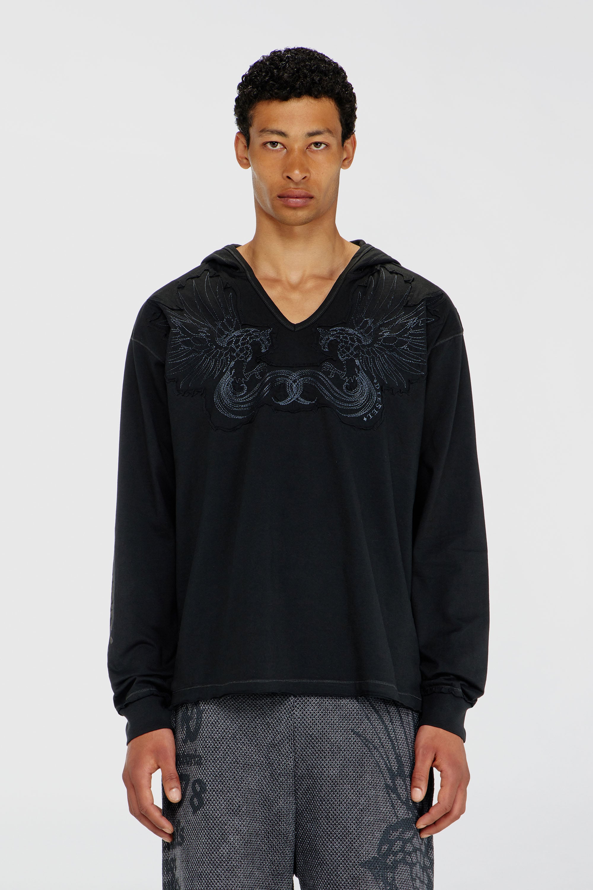 Diesel - T-PHEN-LS-HOOD-RIB, Sudadera con capucha, escote en pico y bordado delantero Hombre in Negro - 1