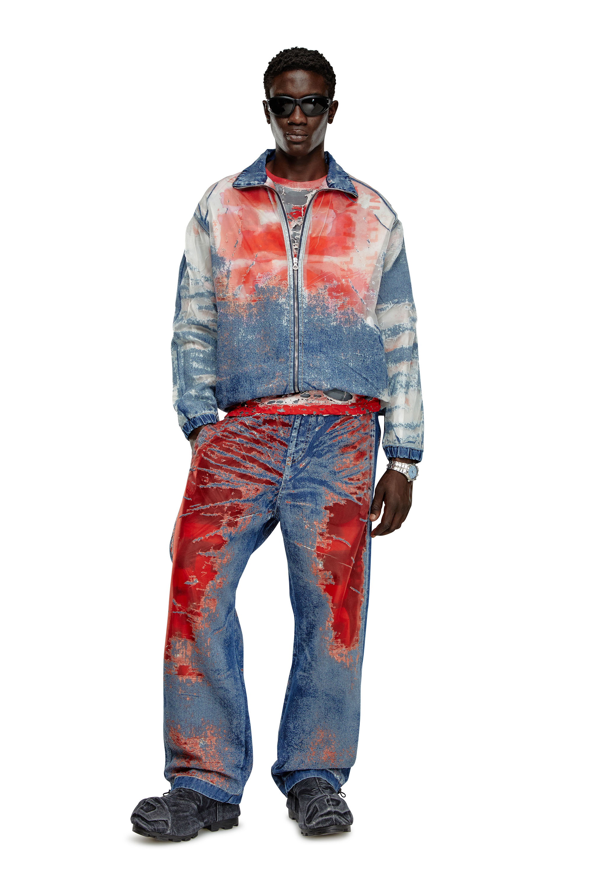 Diesel - D-KRAP-FSE, Chaqueta en denim d&eacute;vor&eacute; con logotipo Hombre in Multicolor - 1
