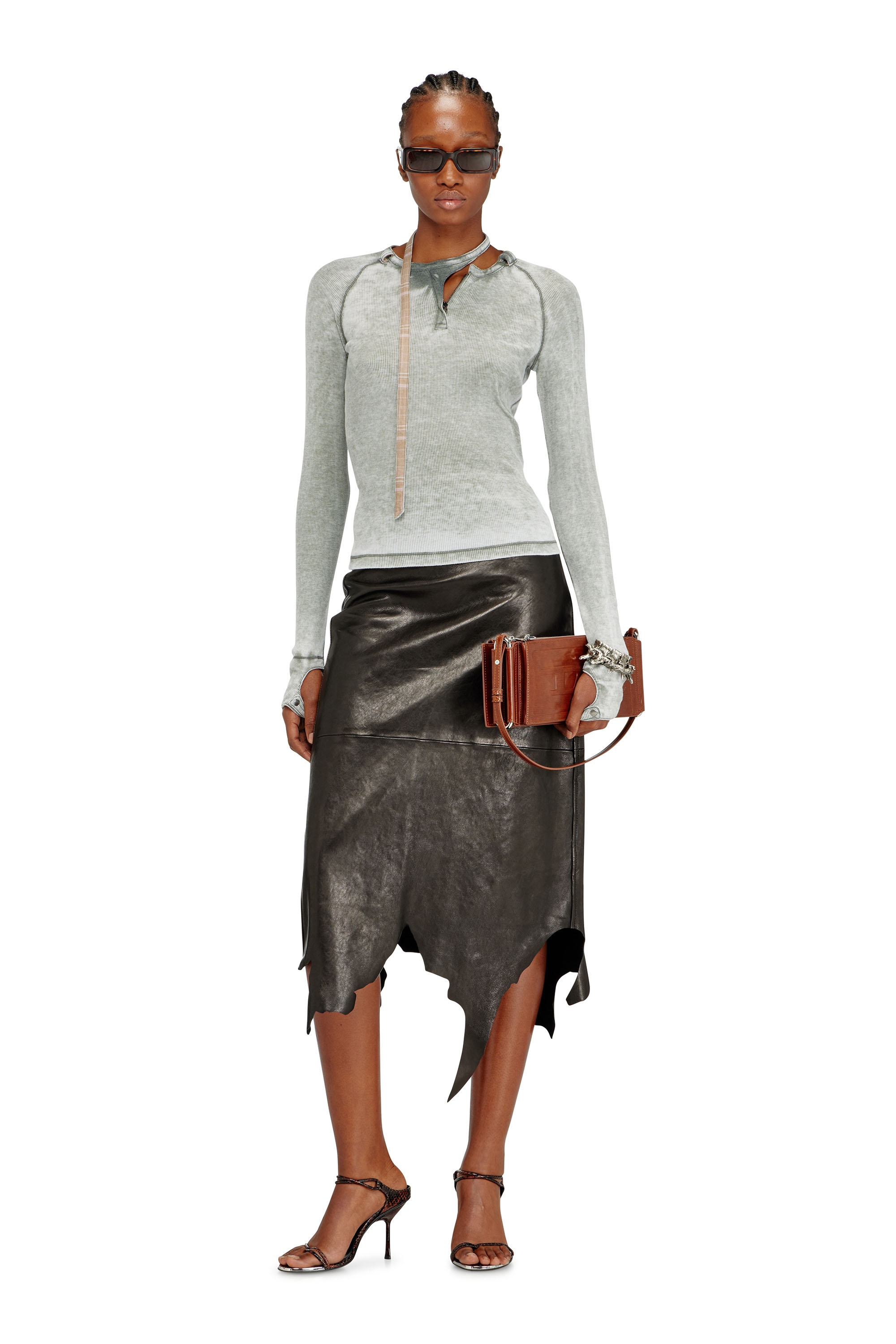 Diesel - L-TORN, Falda midi de cuero con dobladillo irregular Mujer in Negro - 2