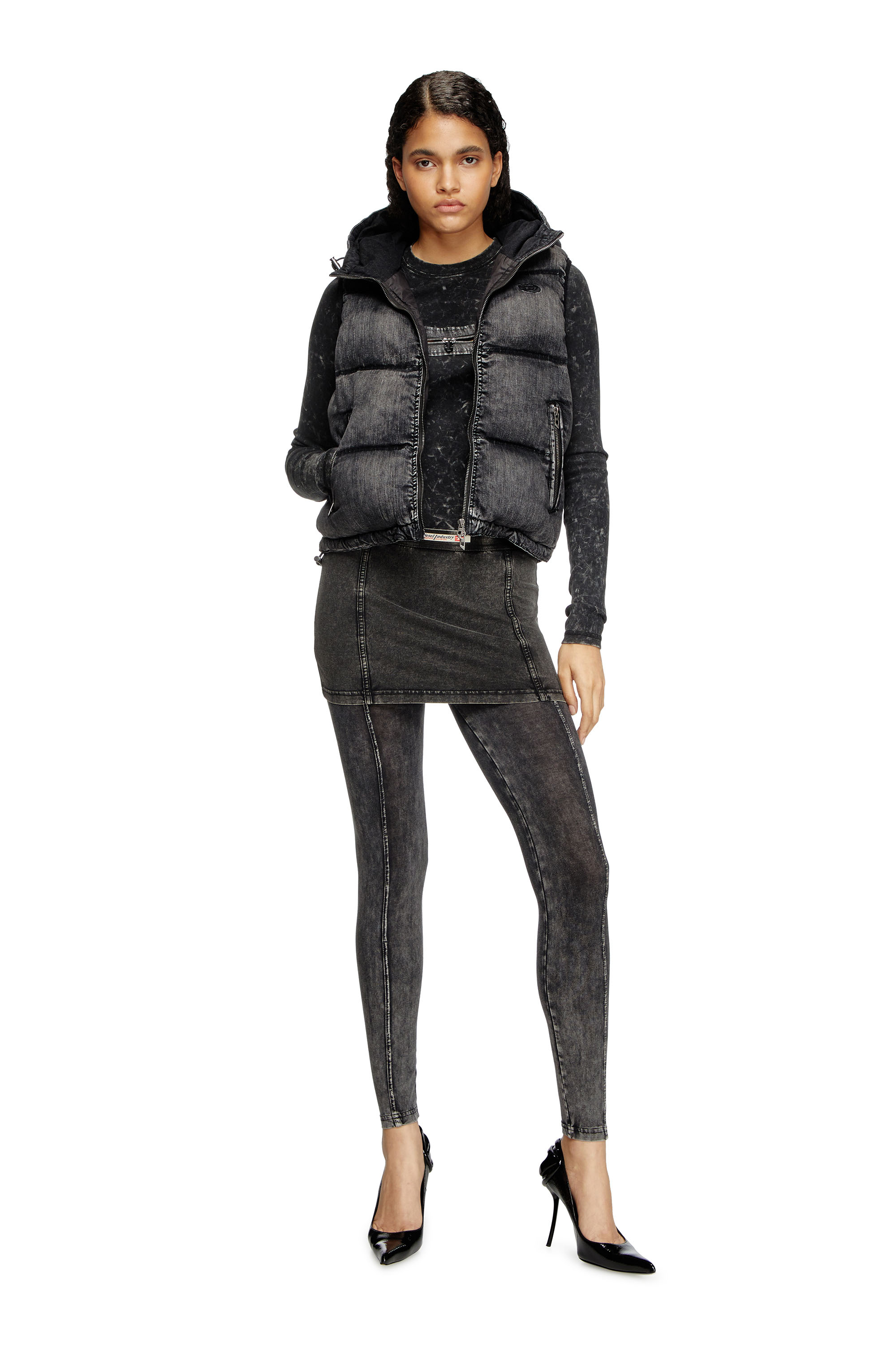 Diesel - W-HOPPER, Woman's Hooded puffer vest in faded denim in Black - 1