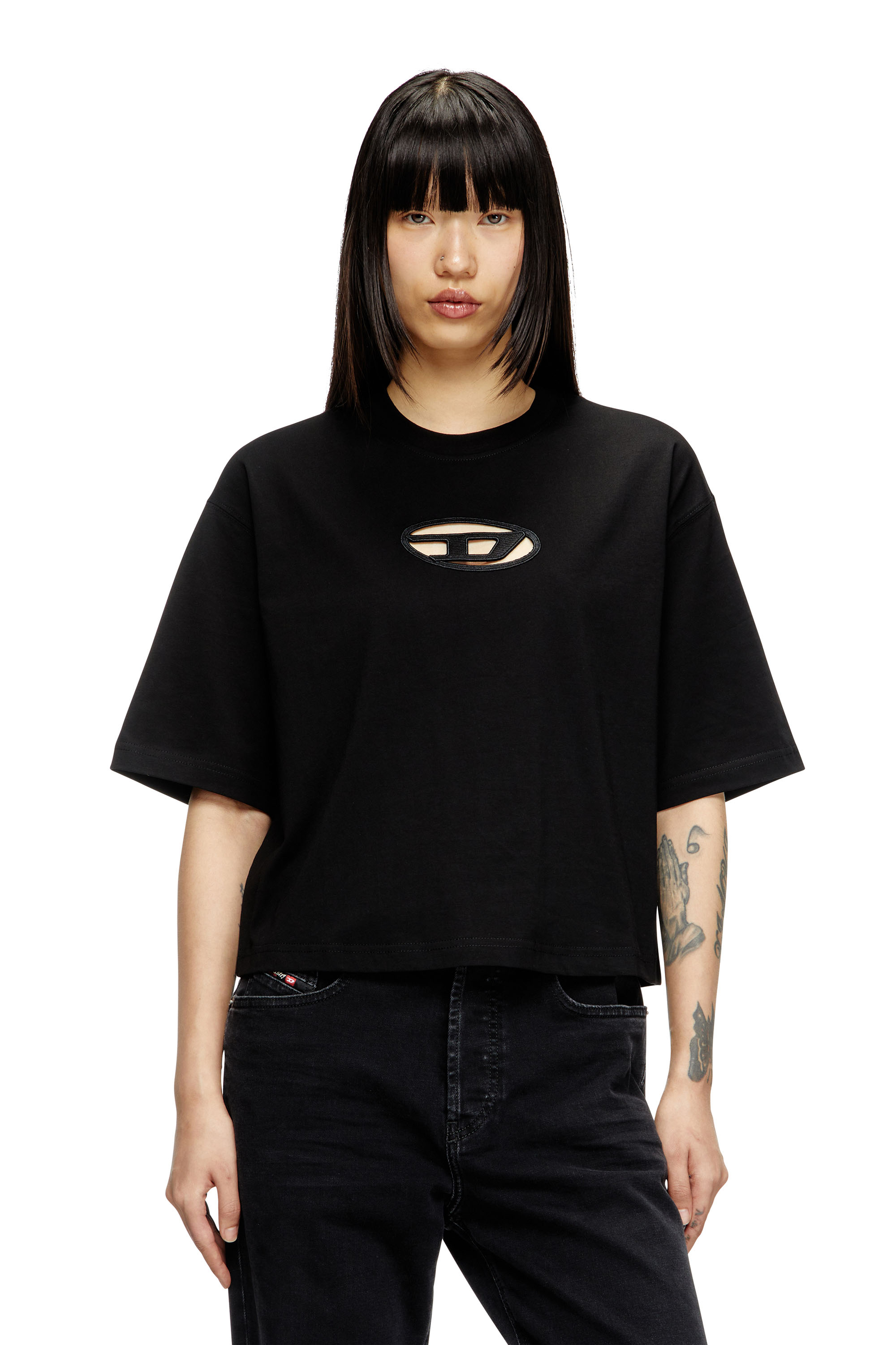 Diesel - T-ROWY-OD, Camiseta boxy con D bordada Mujer in Negro - 1