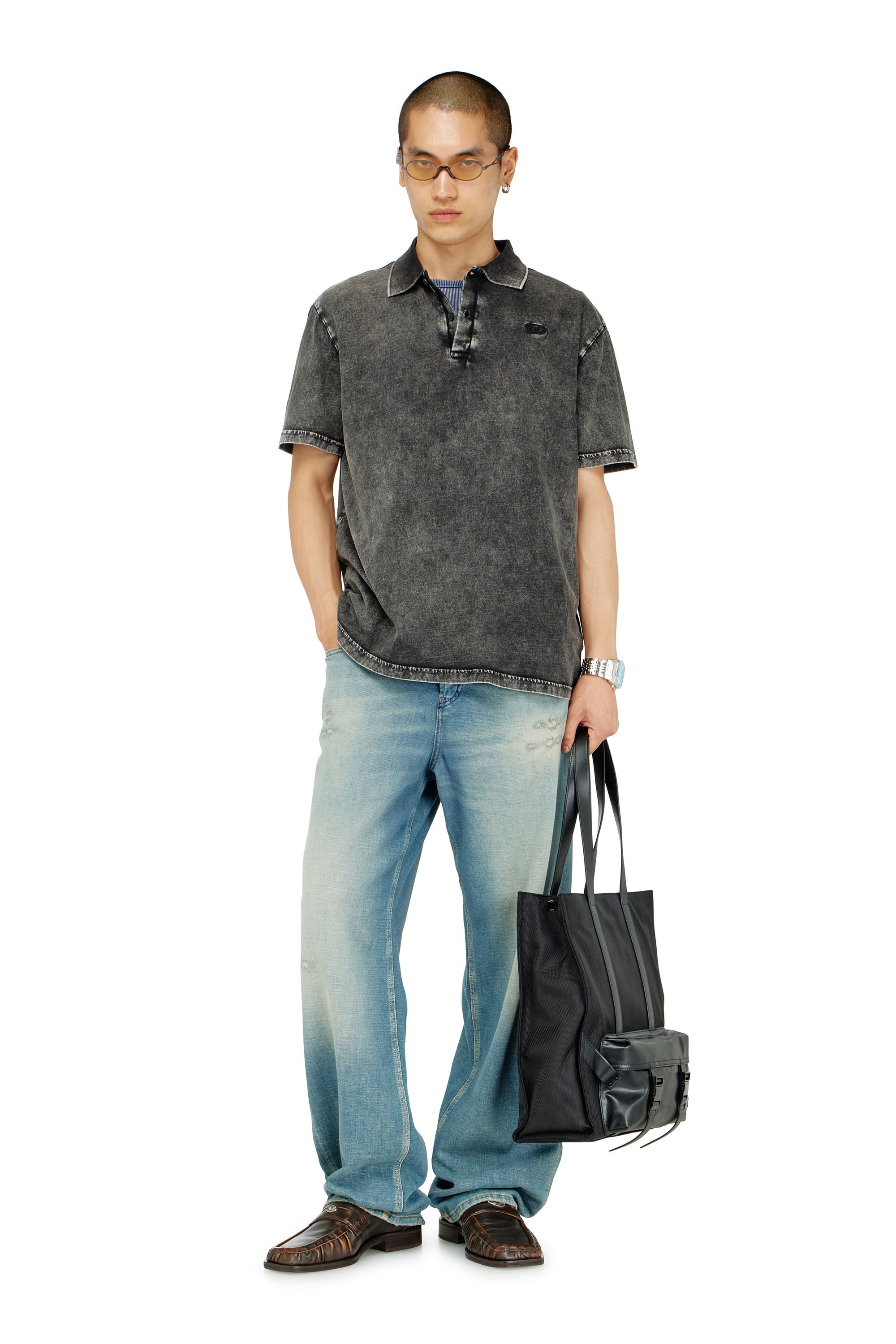 Diesel - T-REJUST-NC-DEN, Camiseta tipo polo en tejido de punto efecto denim Hombre in Gris - 2