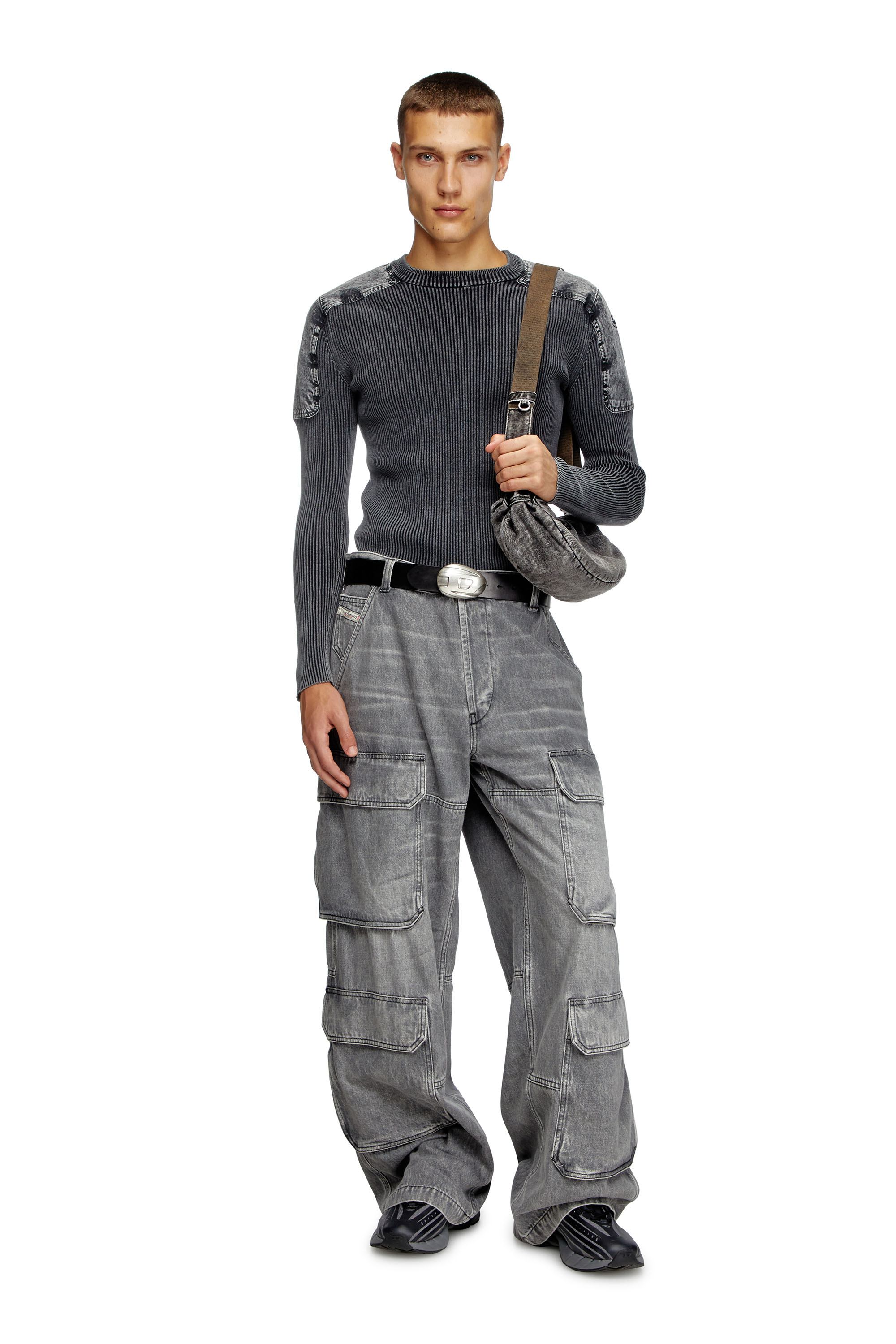 Diesel - K-MARTIN, Jersey con paneles de denim en los hombros Hombre in Gris - 1