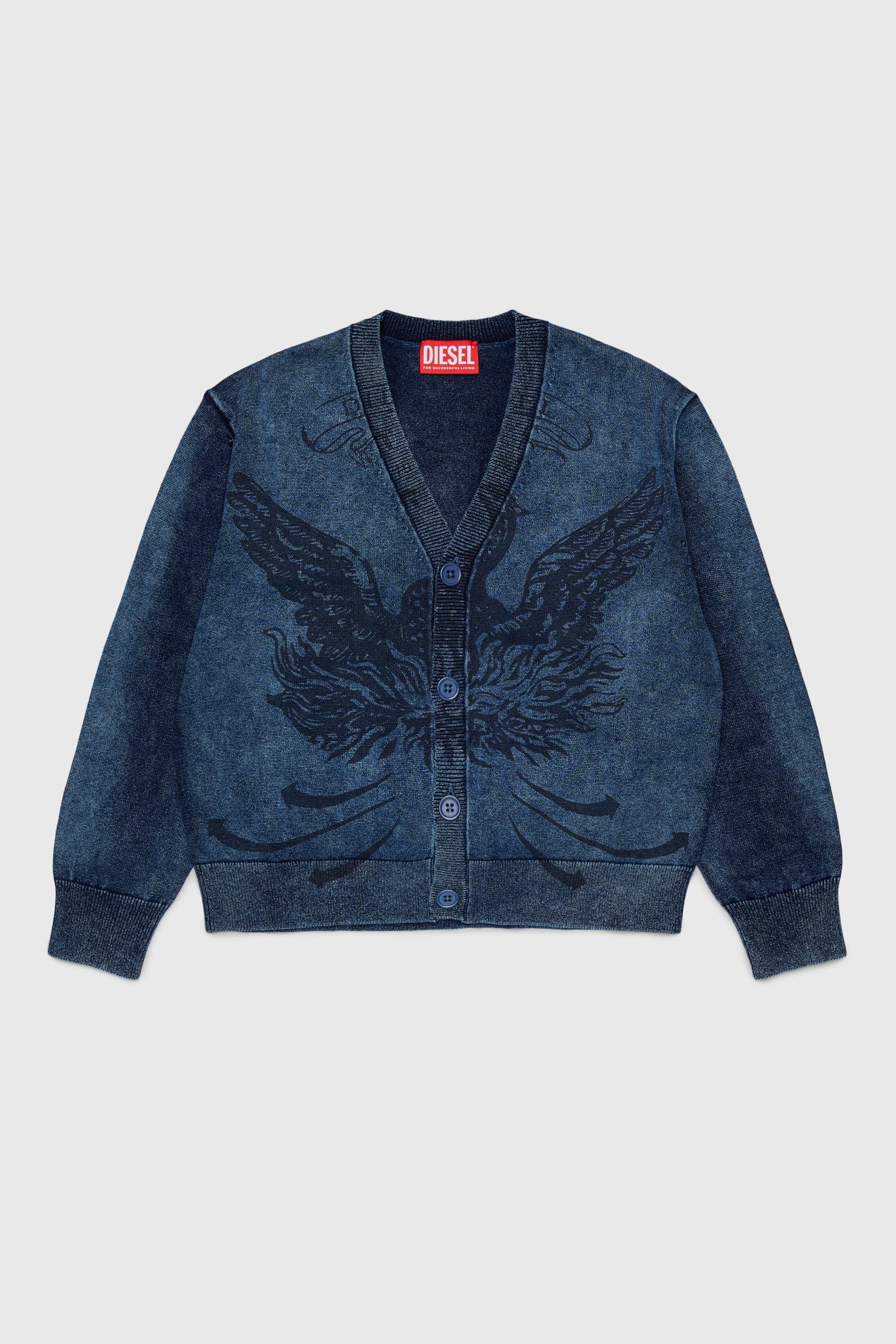 Diesel - KFINNIC CARDIGAN OVER, C&aacute;rdigan efecto denim con motivo de f&eacute;nix Hombre in Azul marino - 1
