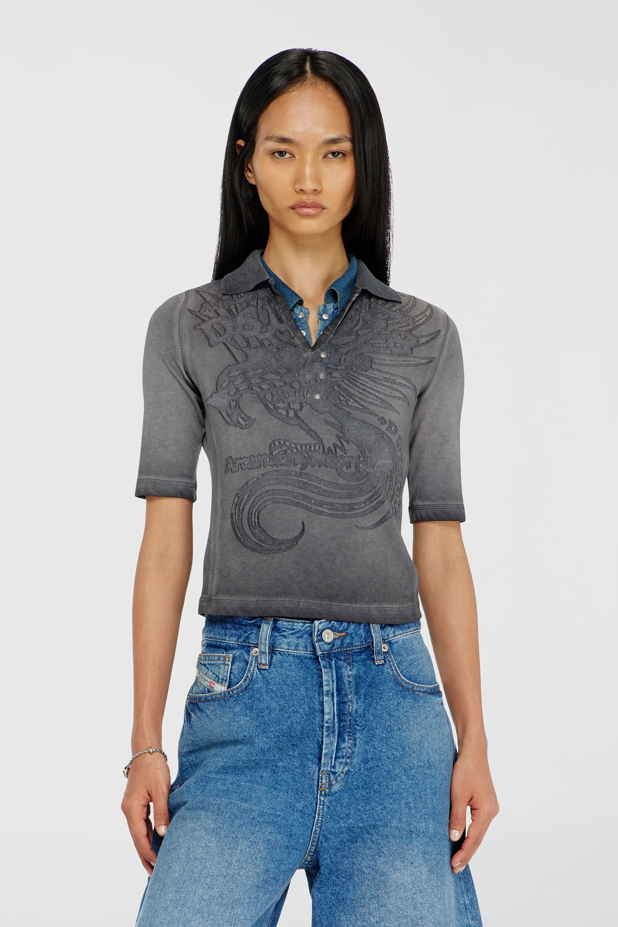 Diesel - T-BEA, Polo slim con estampado d&eacute;vor&eacute; Mujer in Gris - 1