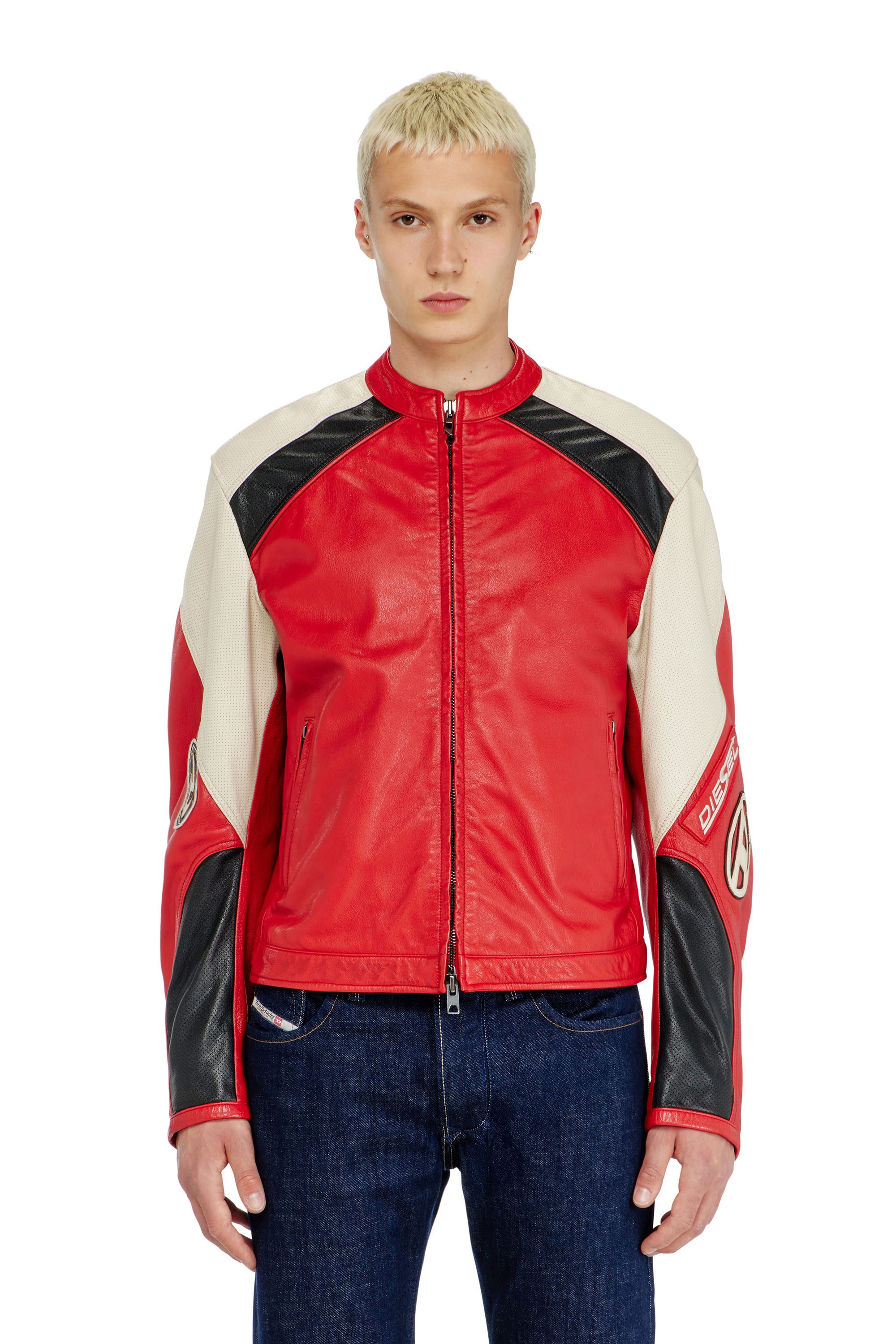 Diesel - L-AHTI, Man's Biker jacket in colour-block perforated leather in Beige/Red - 1