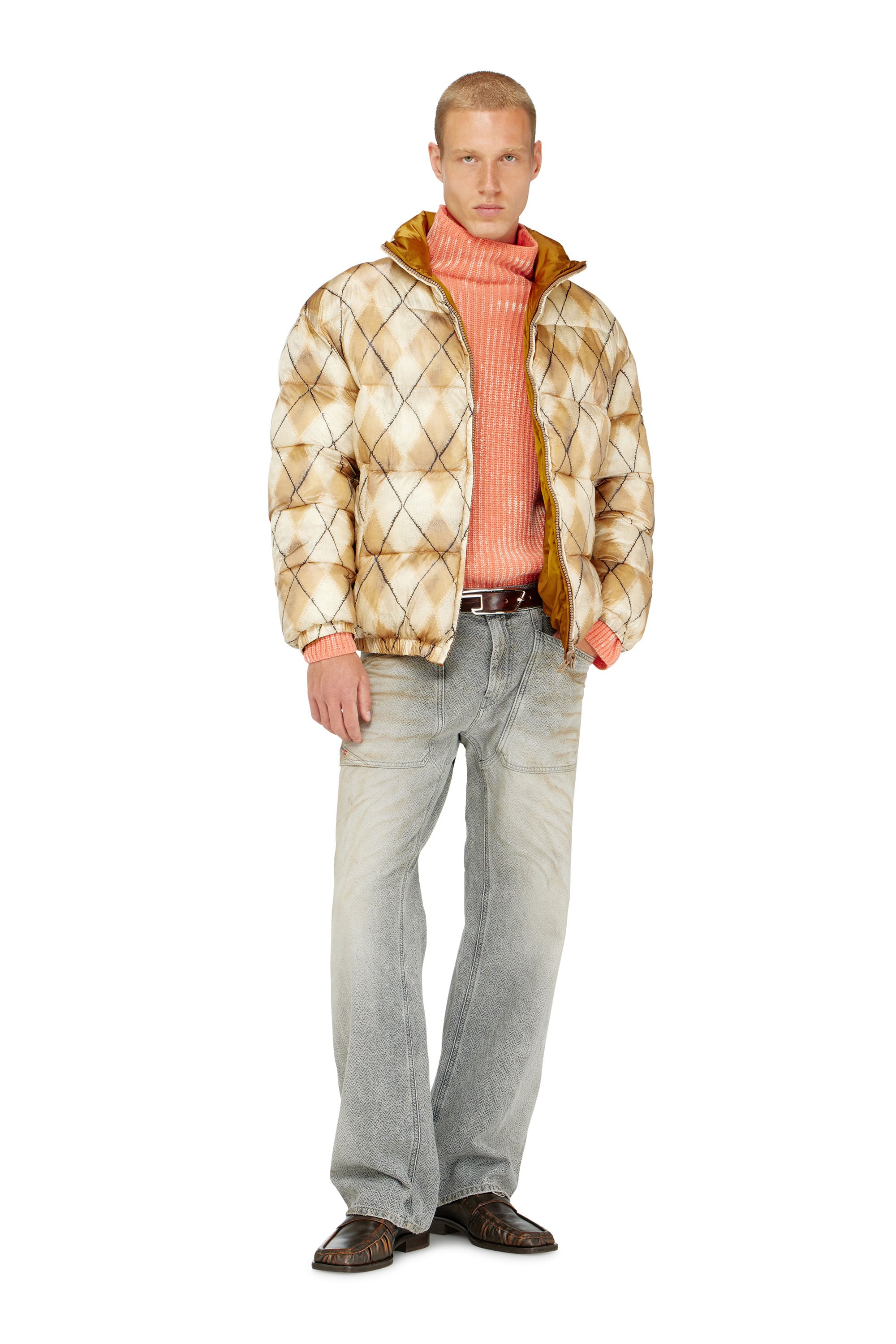 Diesel - W-BOURB-DLCK, Chaqueta puffer reversible con estampado argyle Hombre in Beige - 2