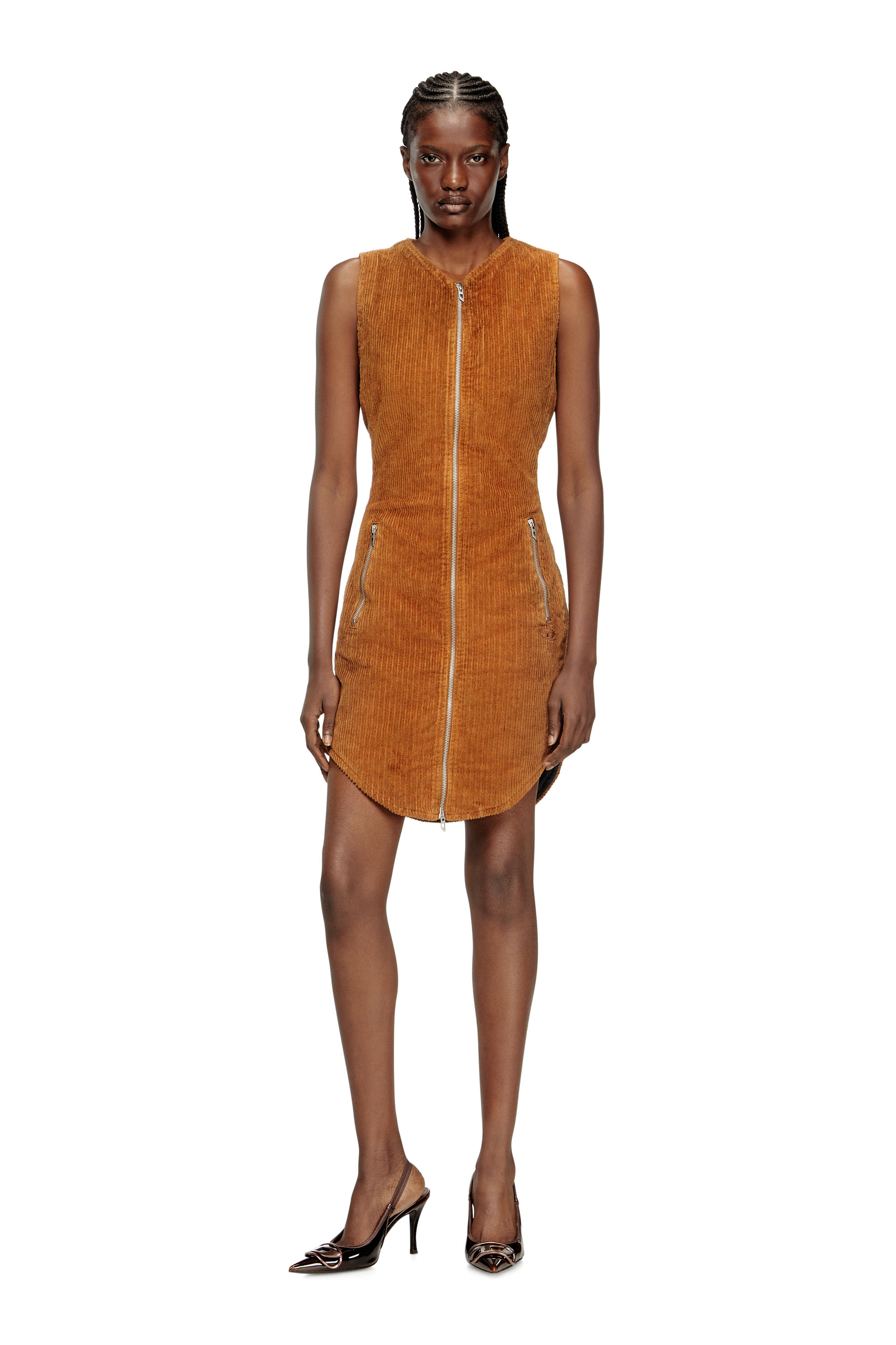 Diesel - D-ENEA, Vestido corto de algodón con cremallera frontal Mujer in Marrón - 3