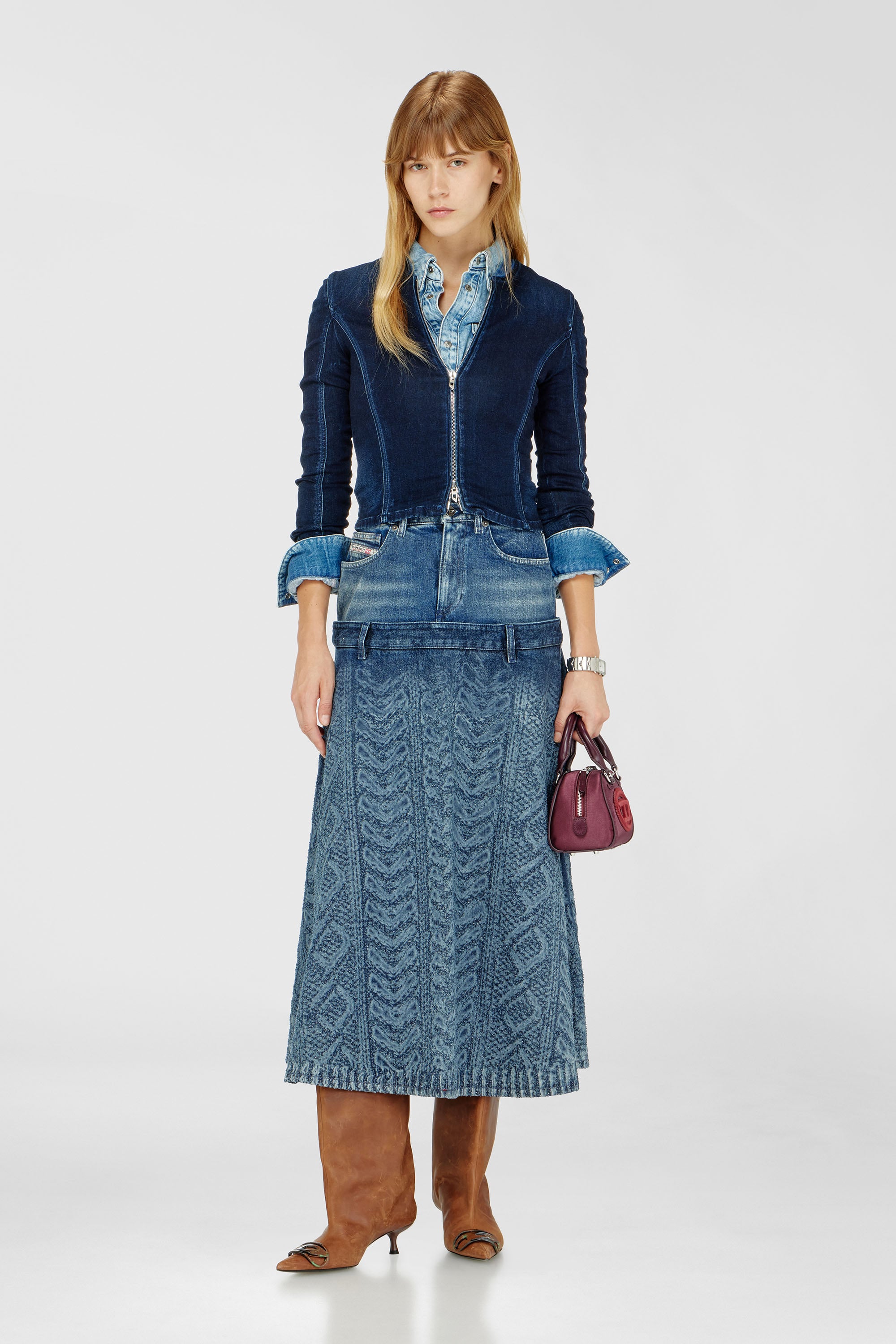 Diesel - DE-VORYA-S1, Falda midi de denim con efecto punto trenzado Mujer in Azul marino - 1