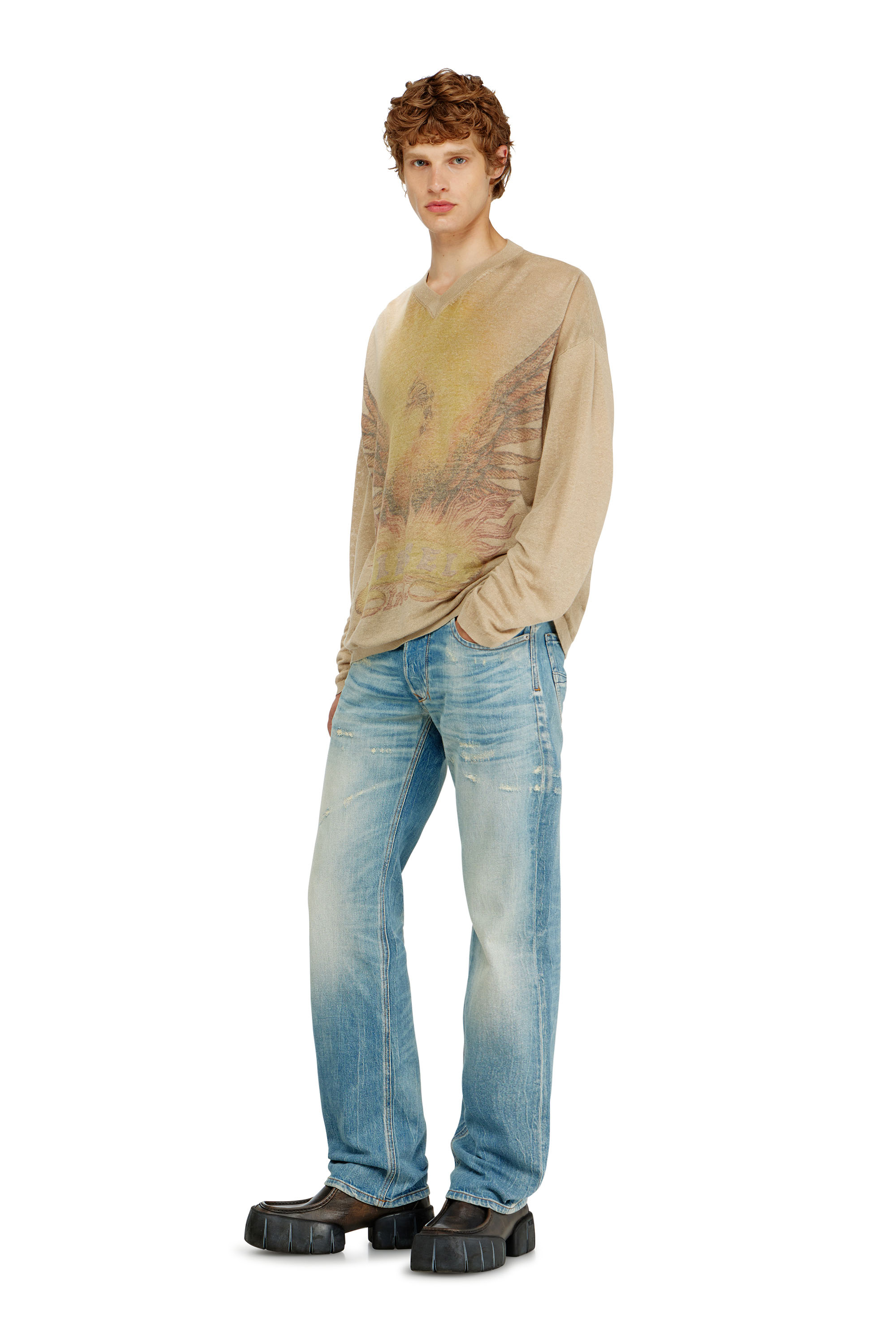 Diesel - K-ARMINS, Jersey de lino con estampado Phoenix desgastado Hombre in Beige - 1