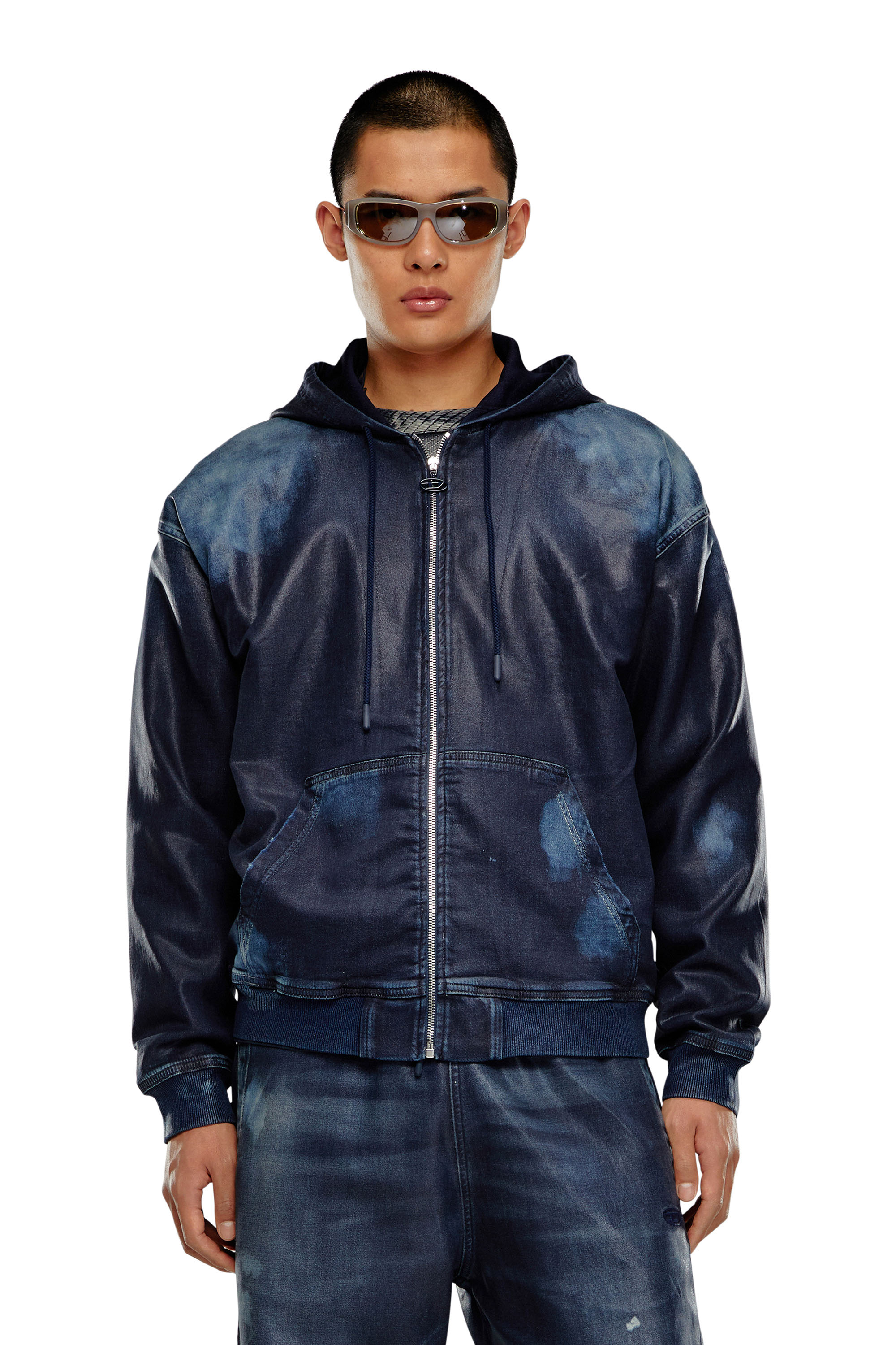 Diesel - D-GIR-S TRACK, Man Zip-up hoodie in coated Track Denim in Blue - Image 1