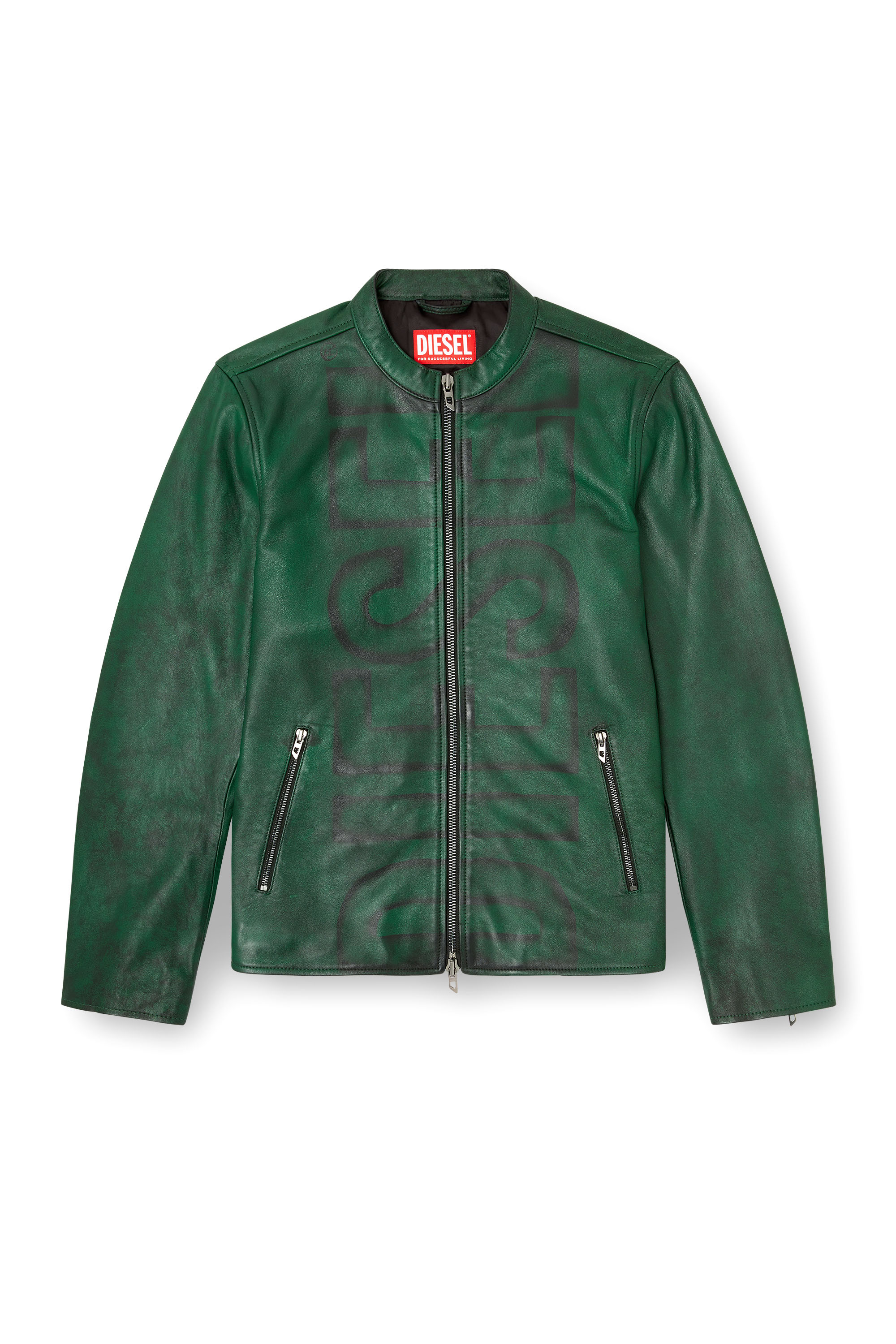 Diesel - L-EVERT-A, Chaqueta biker de cuero tratado con logotipo desteñido Hombre in Verde - 2