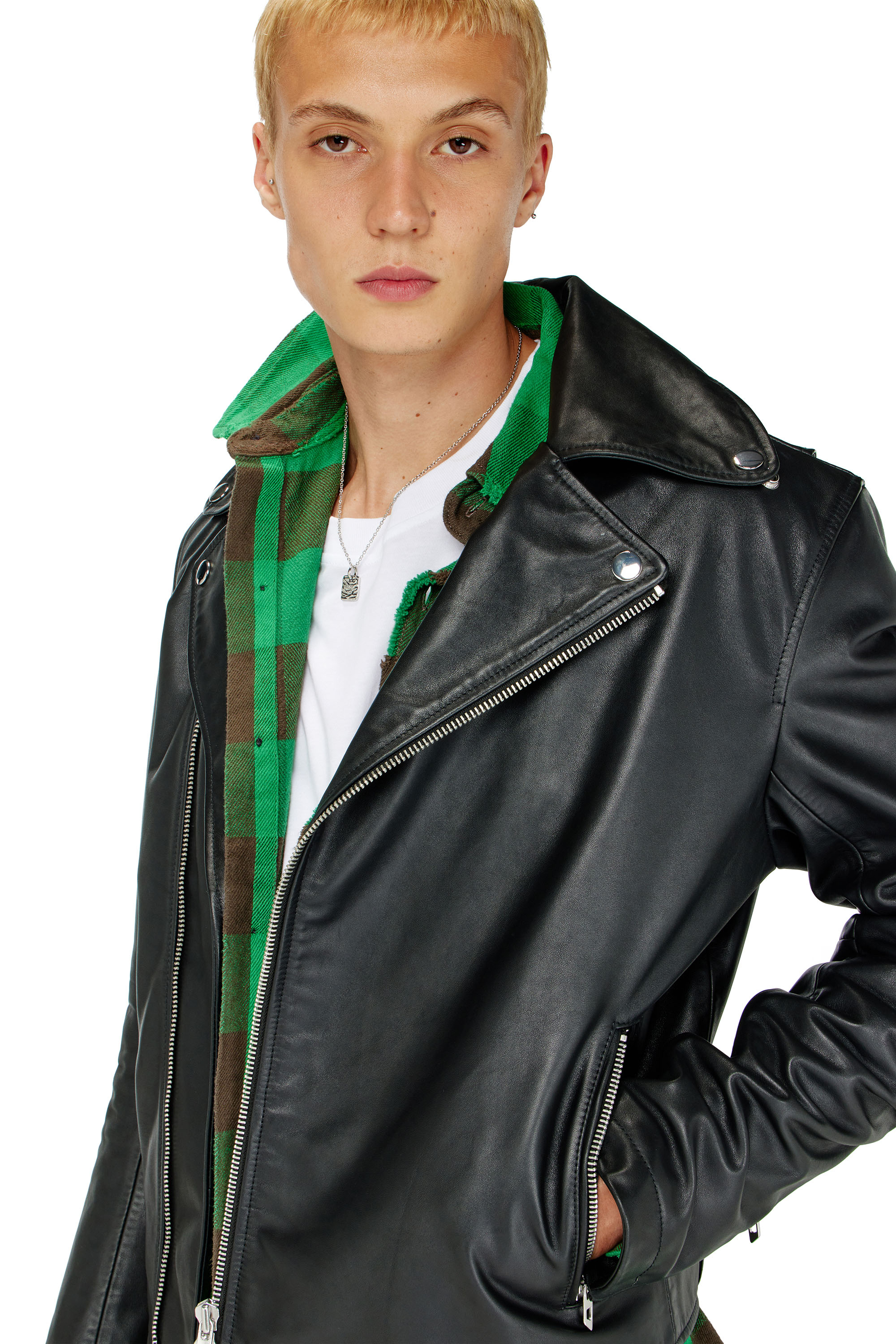 Diesel - L-EO-WRD, Chaqueta biker de cuero encerado Hombre in Negro - 5