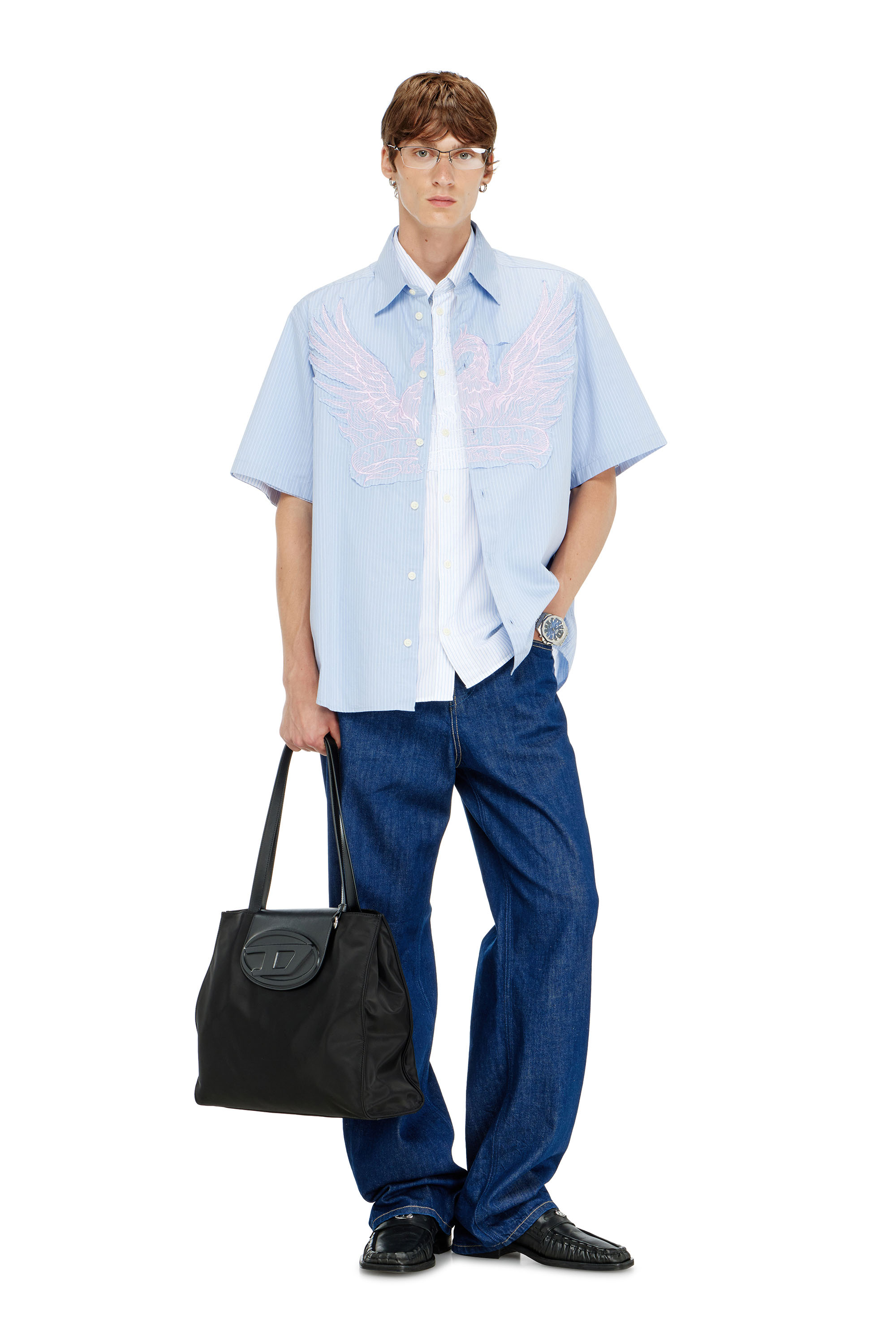 Diesel - S-SIMPLY-SS-AGCZ, Camisa de popelina a rayas con patch bordado Hombre in Azul marino - 2