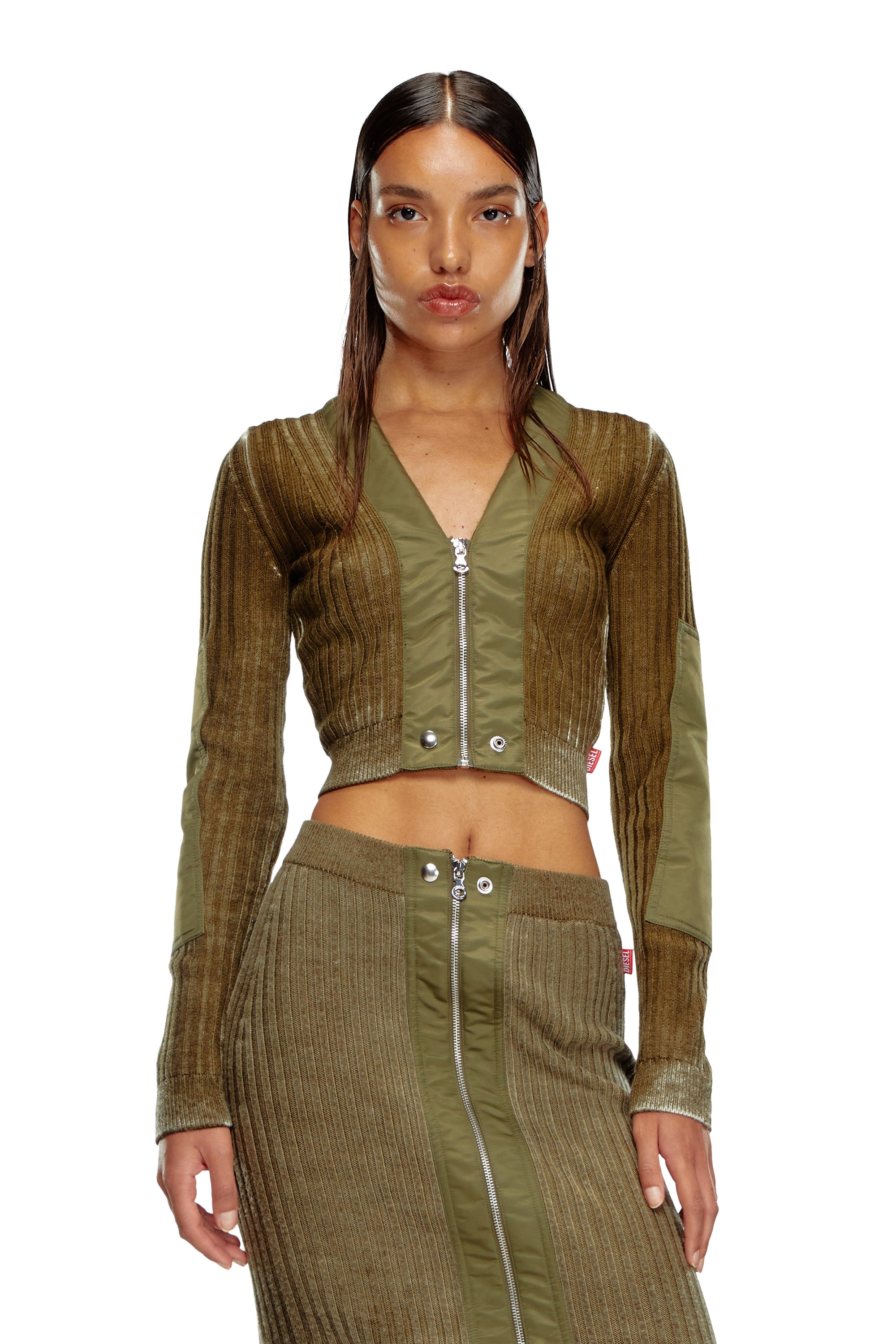 Diesel - M-ASERA, Mujer Cárdigan recortado de lana con ribetes de nailon in Verde - Image 1