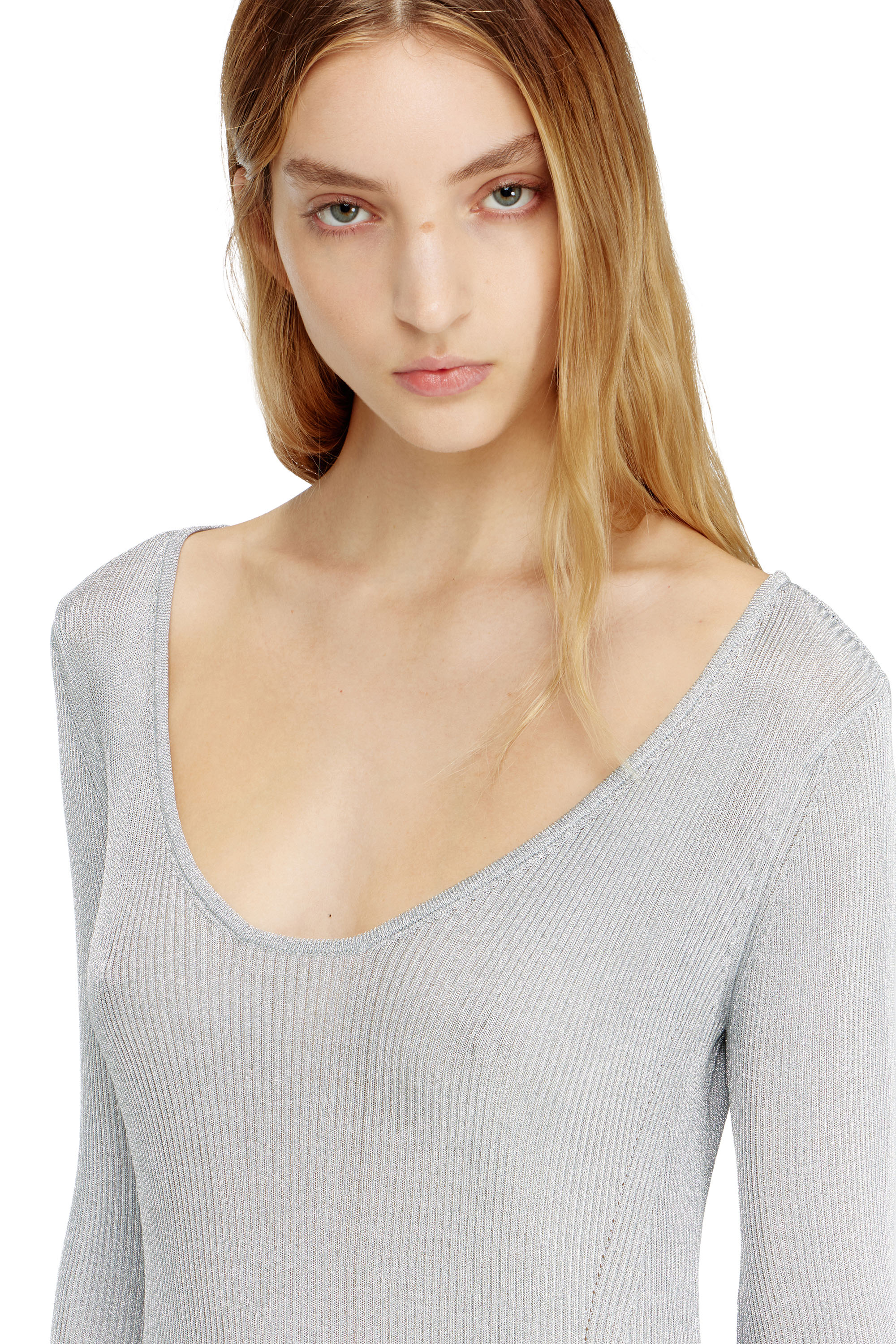 Diesel - M-DALILA, Vestido corto de punto acanalado metalizado Mujer in Gris - 4