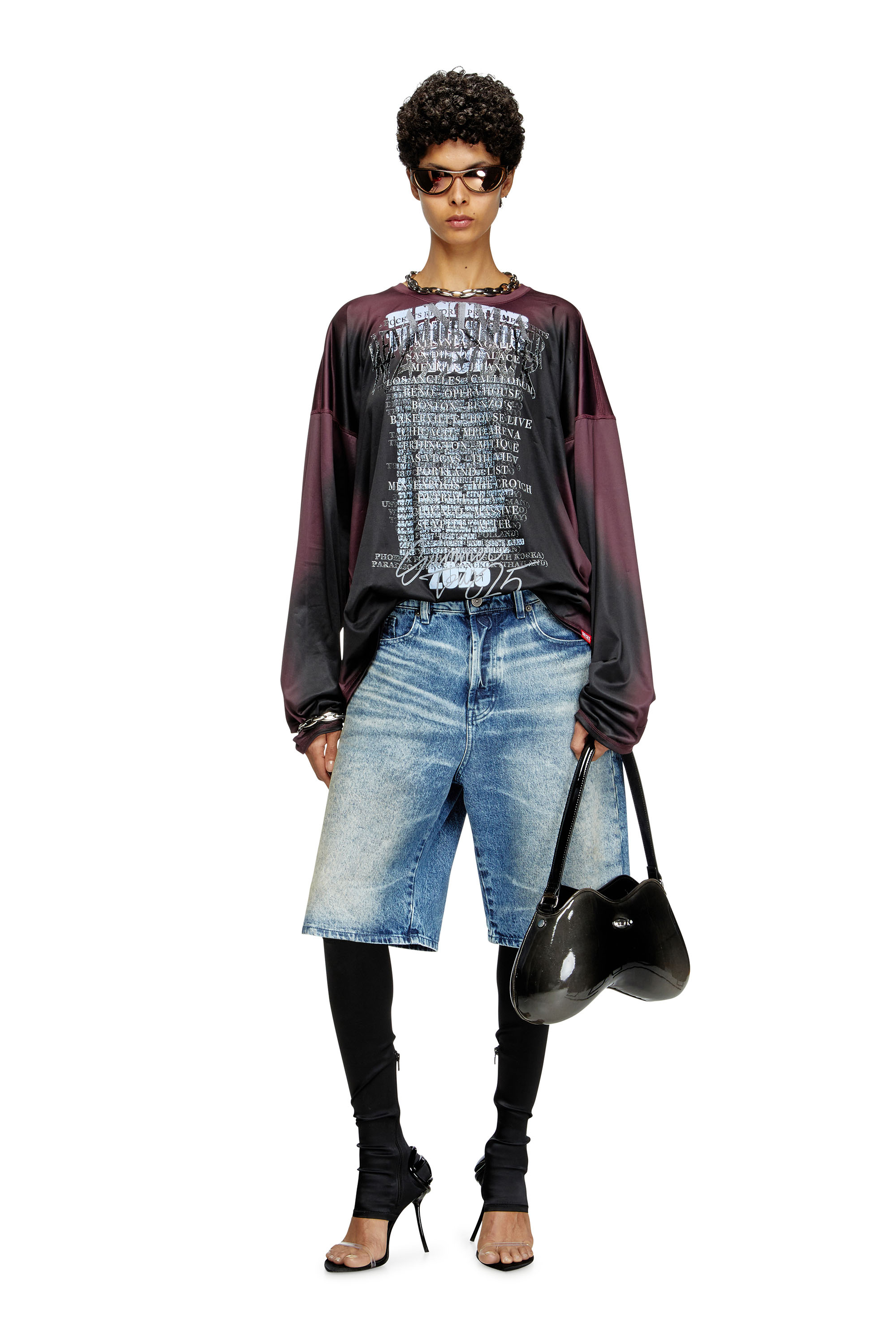 Diesel - T-OLAVI-AA, Unisex's Long-sleeve tech-jersey T-shirt with lyrics print in Black/Violet - 7